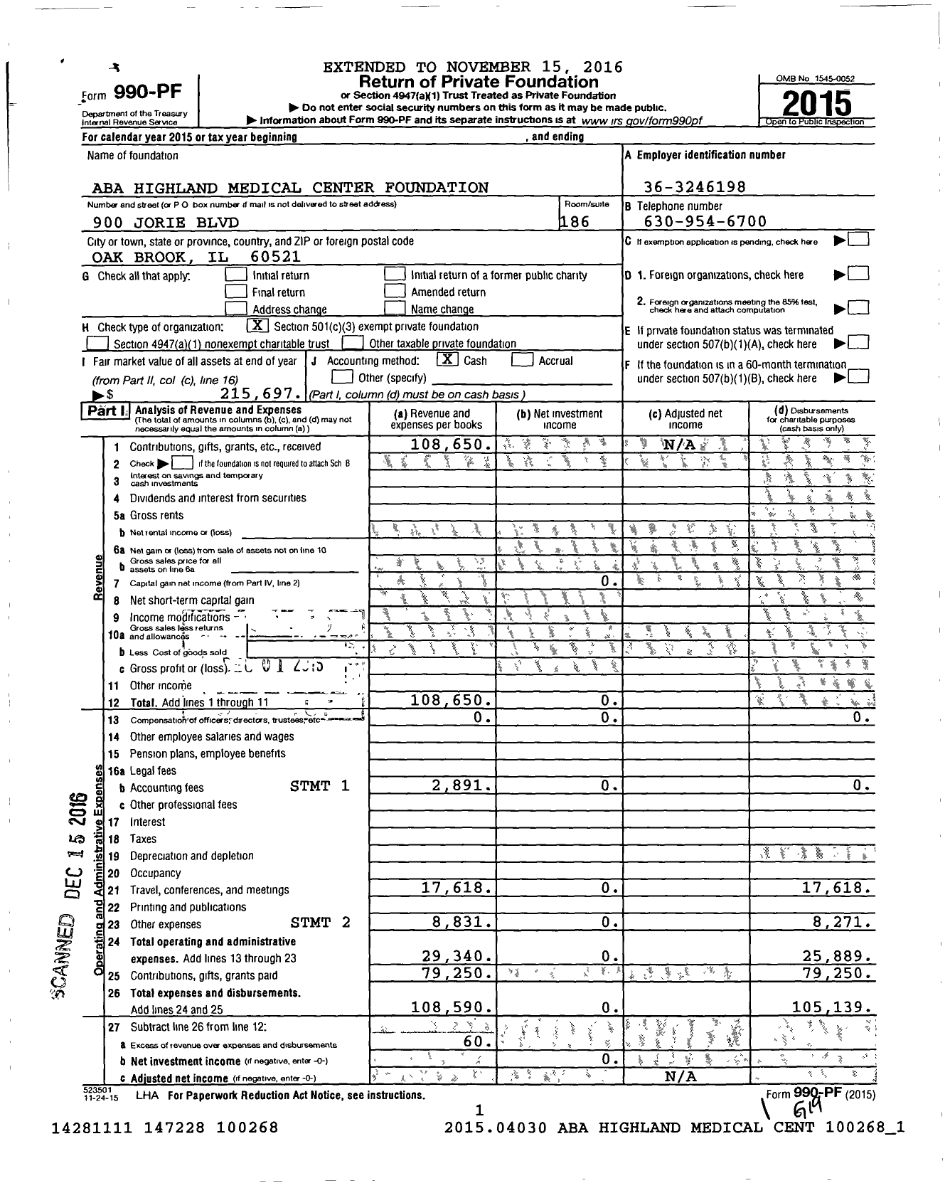 Image of first page of 2015 Form 990PF for Aba Highland Medical Center Foundation