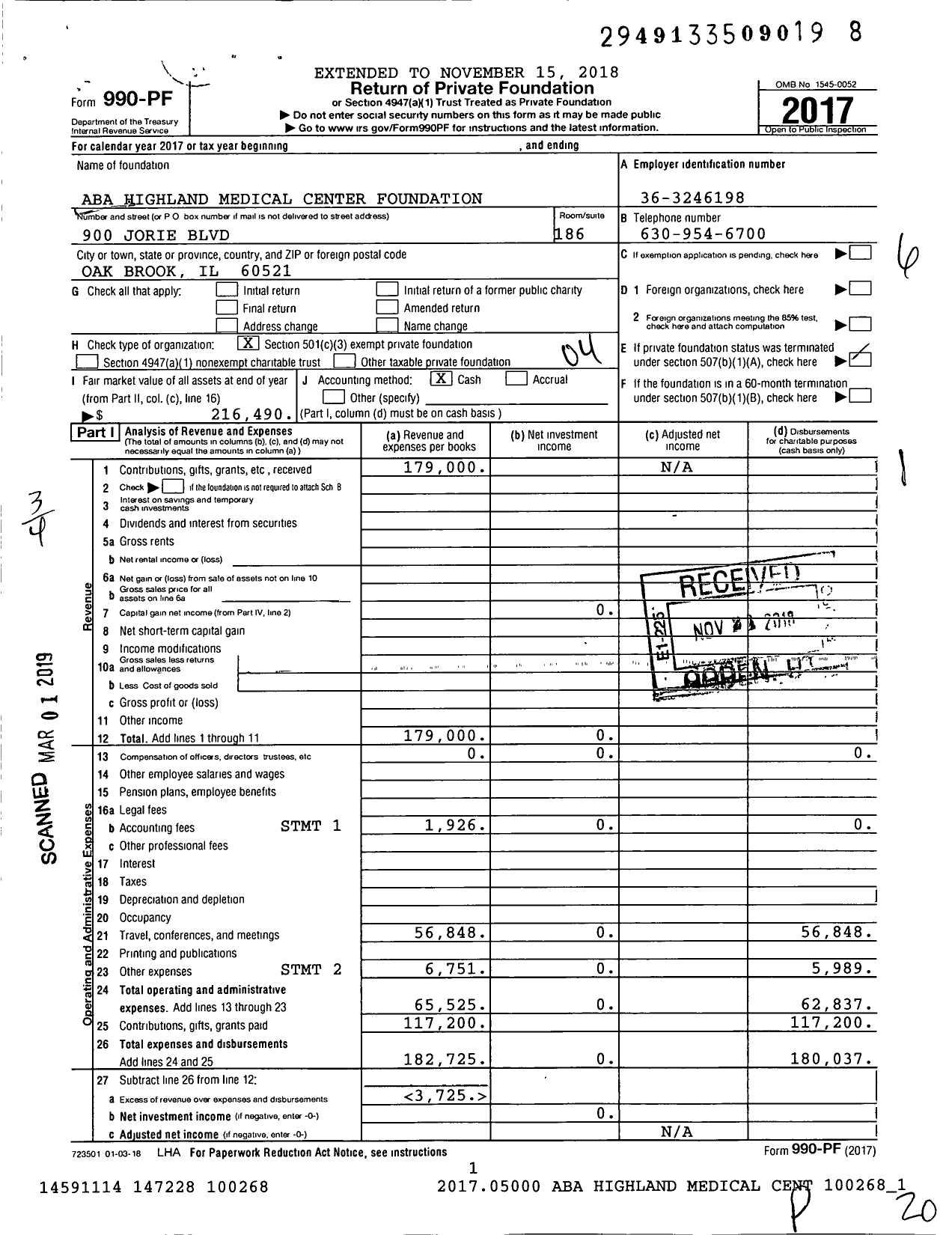 Image of first page of 2017 Form 990PF for Aba Highland Medical Center Foundation