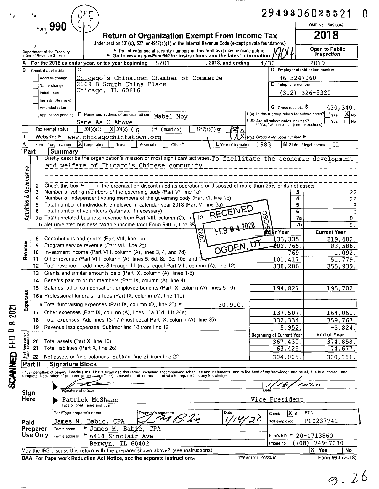 Image of first page of 2018 Form 990O for Chicago's Chinatown Chamber of Commerce