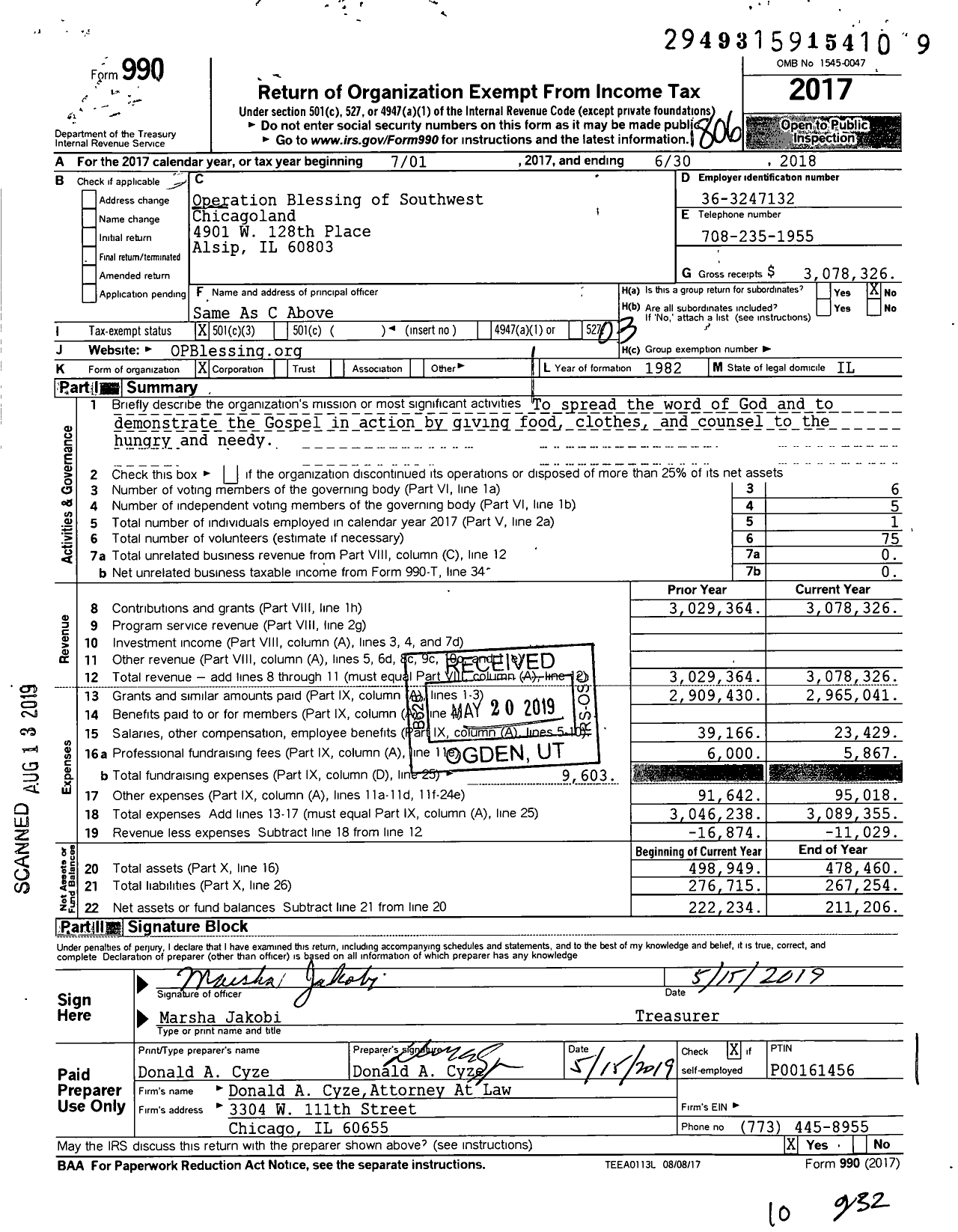 Image of first page of 2017 Form 990 for Operation Blessing of Southwest Chicagoland