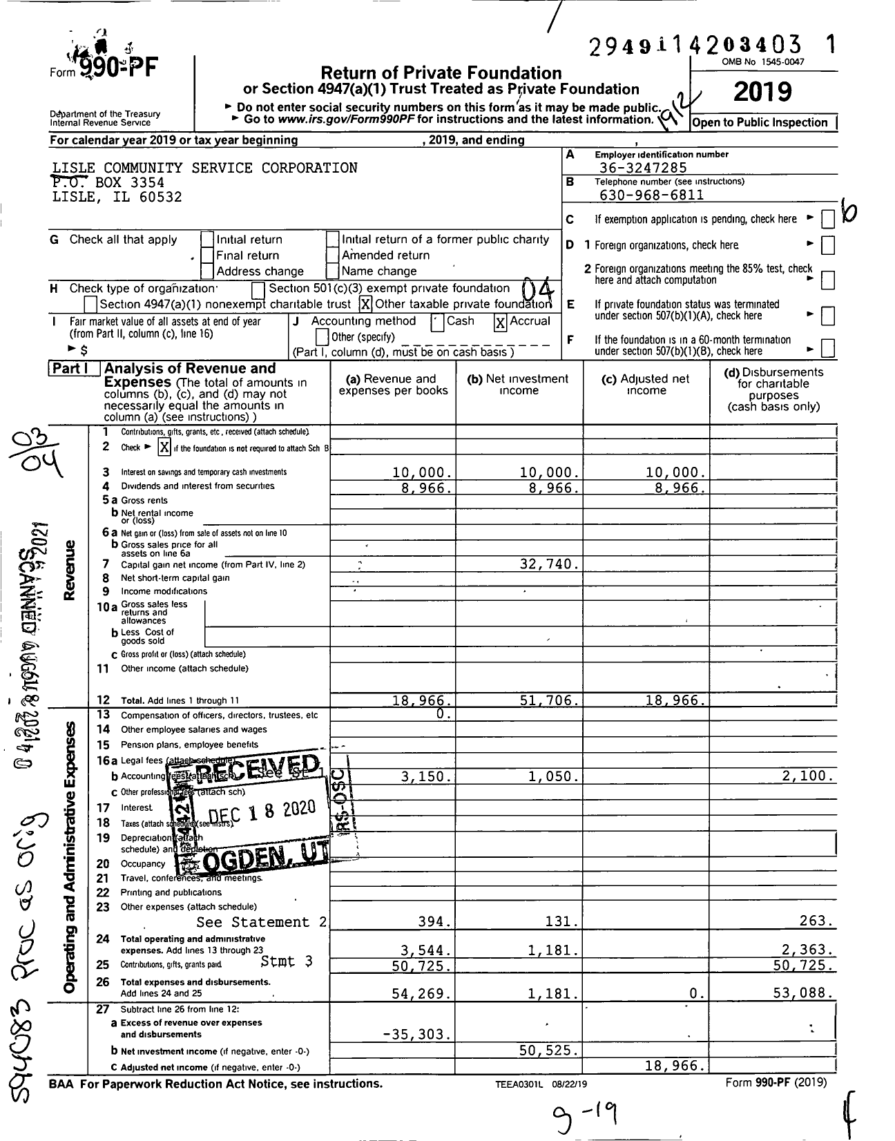 Image of first page of 2019 Form 990PF for Lisle Community Service Corporation