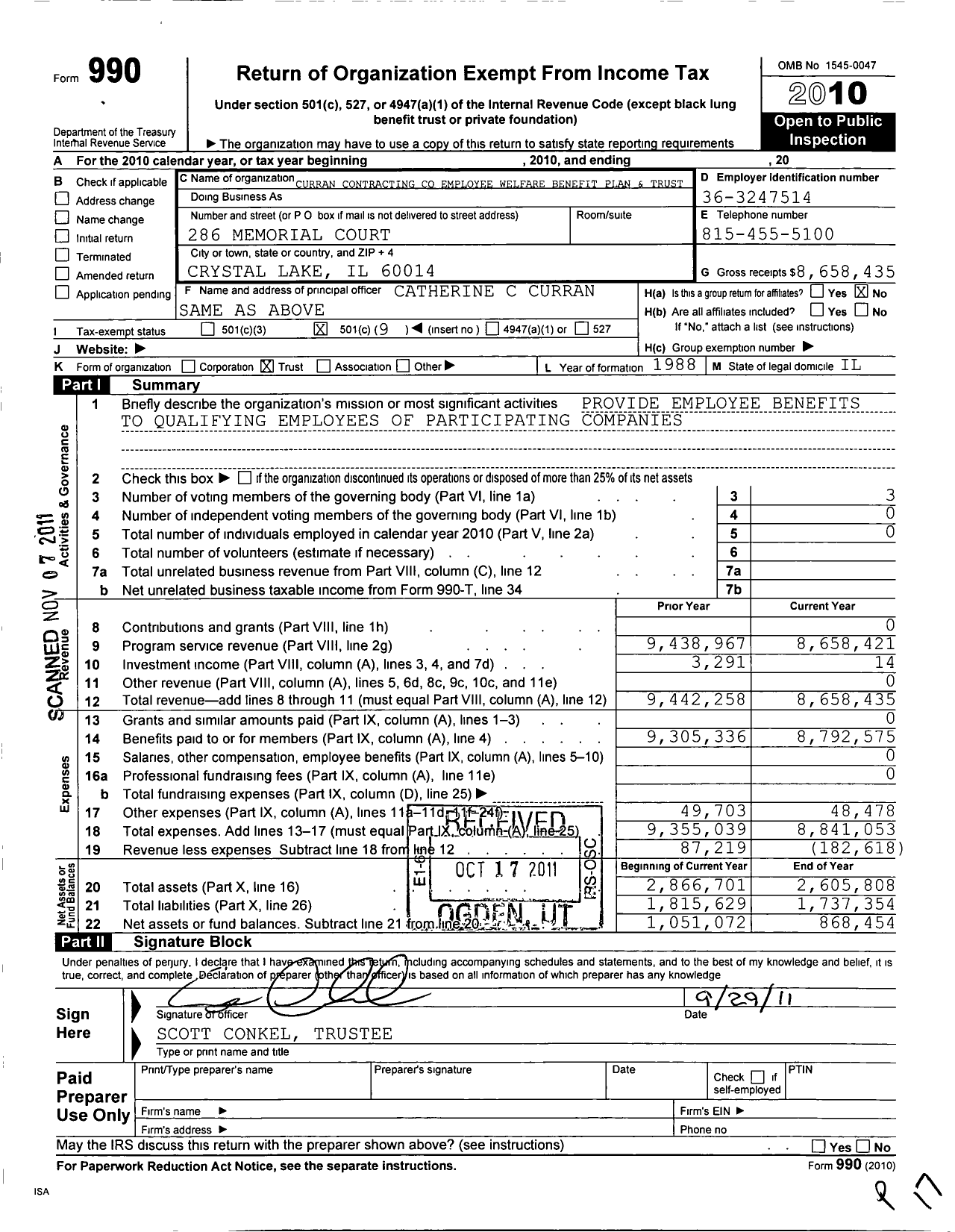 Image of first page of 2010 Form 990O for Curran Contracting Employee Welfare Benefit Plan and Trust