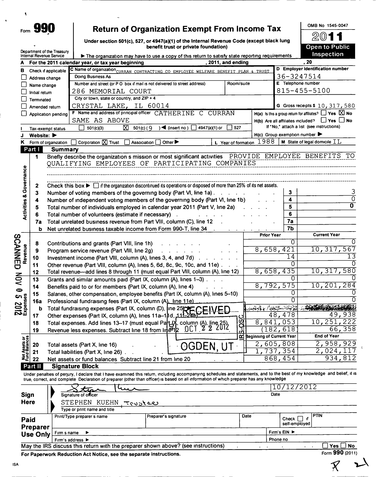 Image of first page of 2011 Form 990O for Curran Contracting Employee Welfare Benefit Plan and Trust