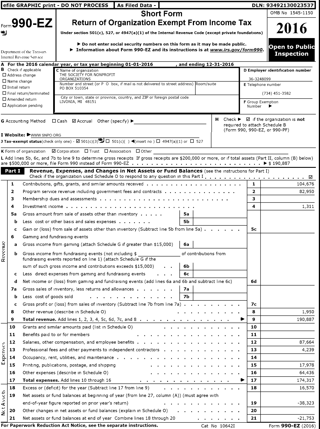Image of first page of 2016 Form 990EZ for The Society for Nonprofit Organizations
