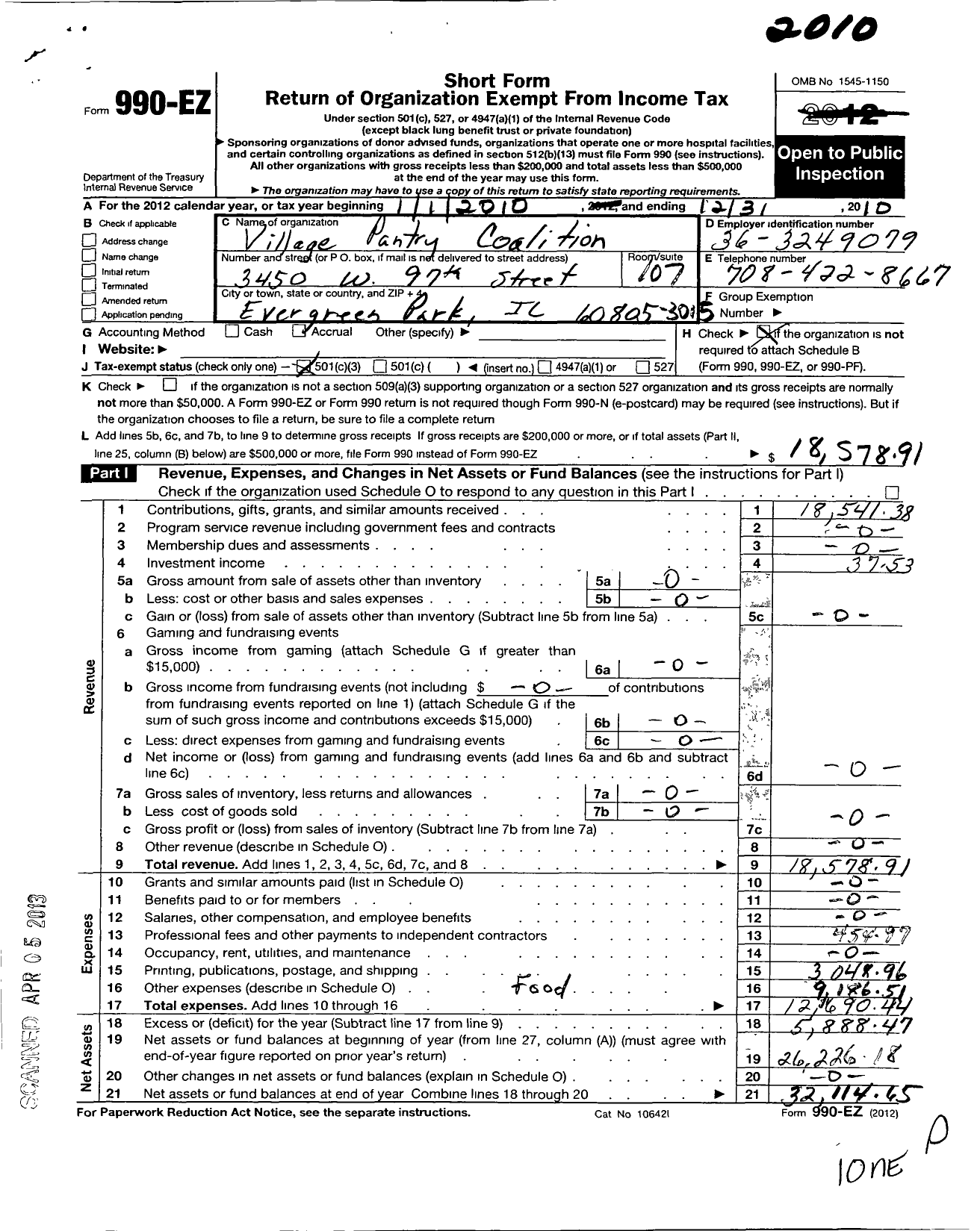 Image of first page of 2010 Form 990EZ for Village Pantry Coalition