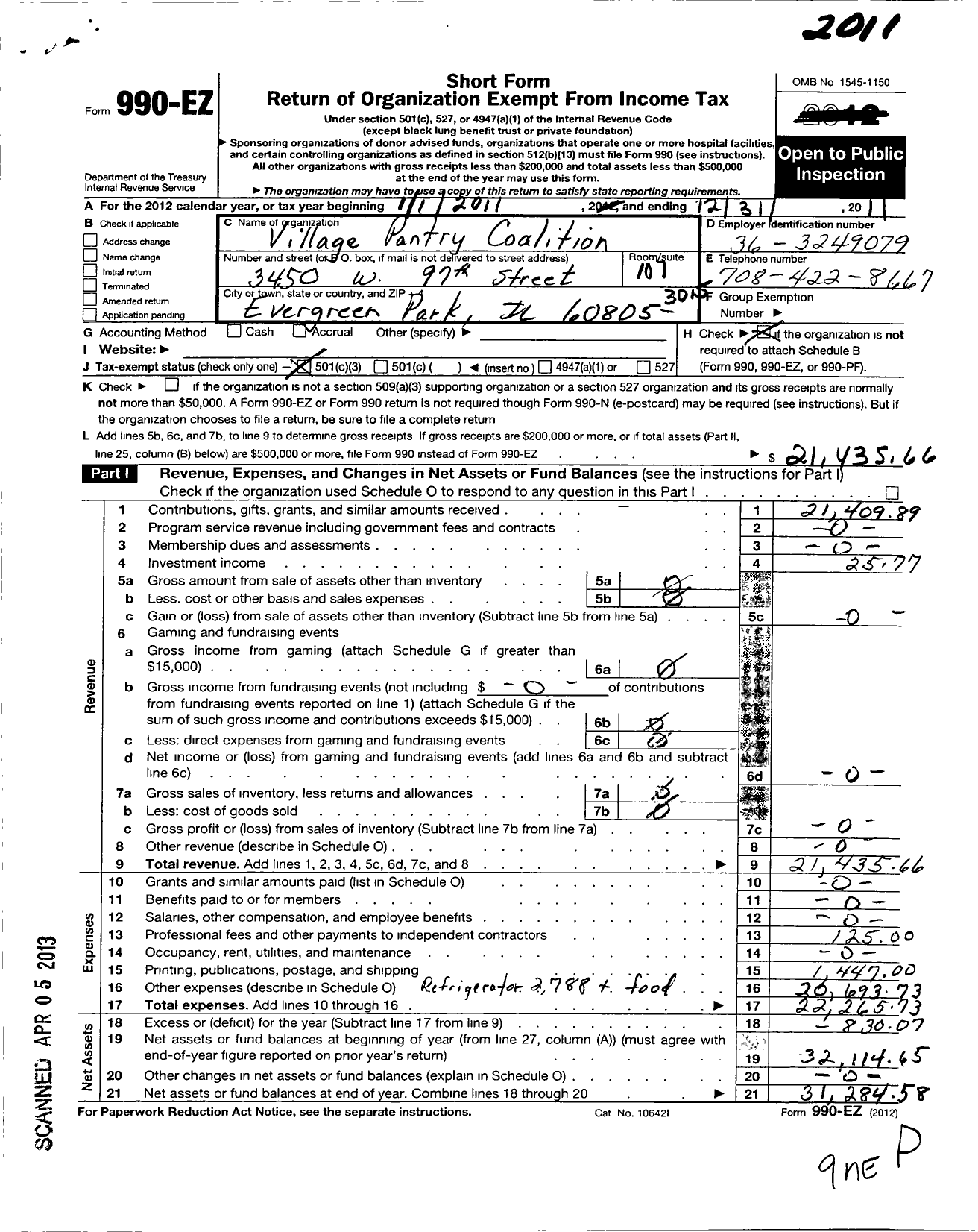 Image of first page of 2011 Form 990EZ for Village Pantry Coalition