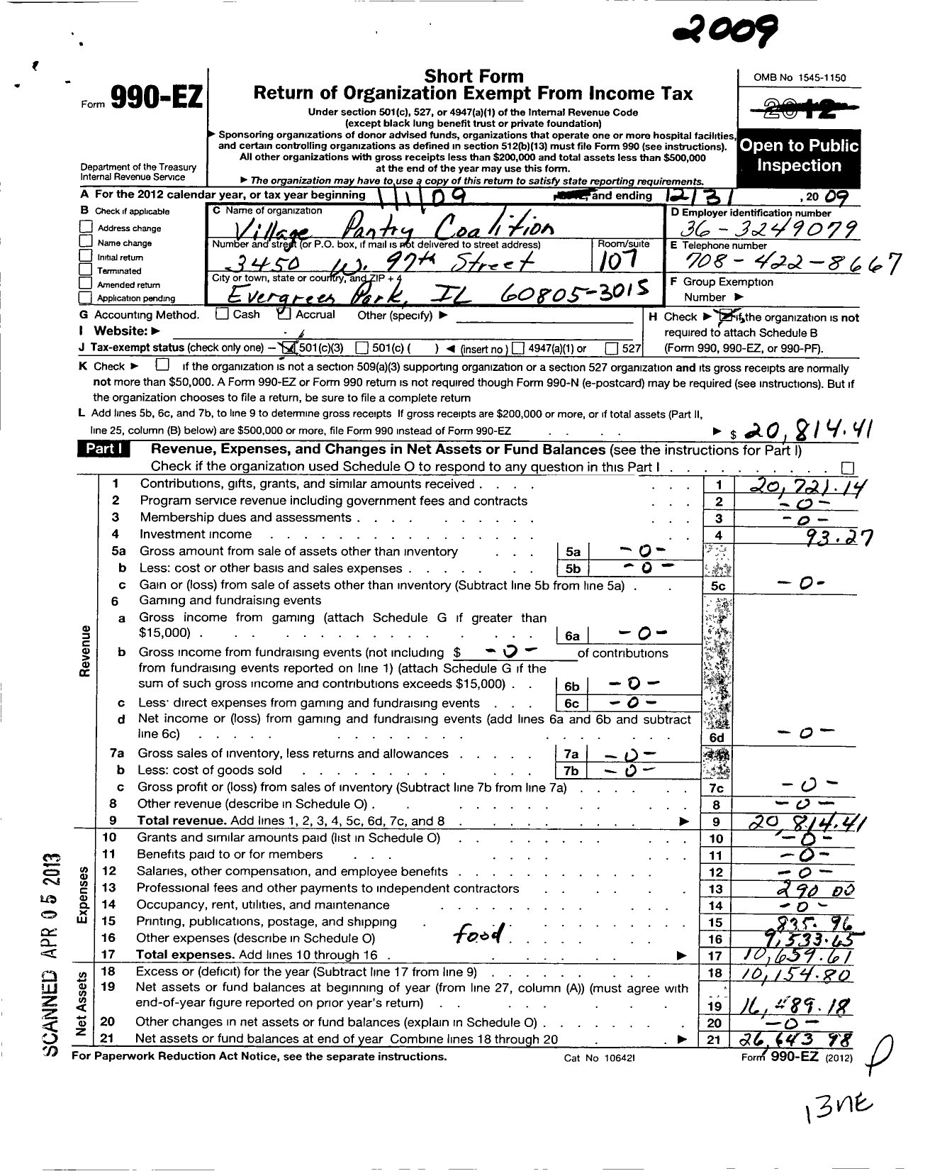 Image of first page of 2009 Form 990EZ for Village Pantry Coalition