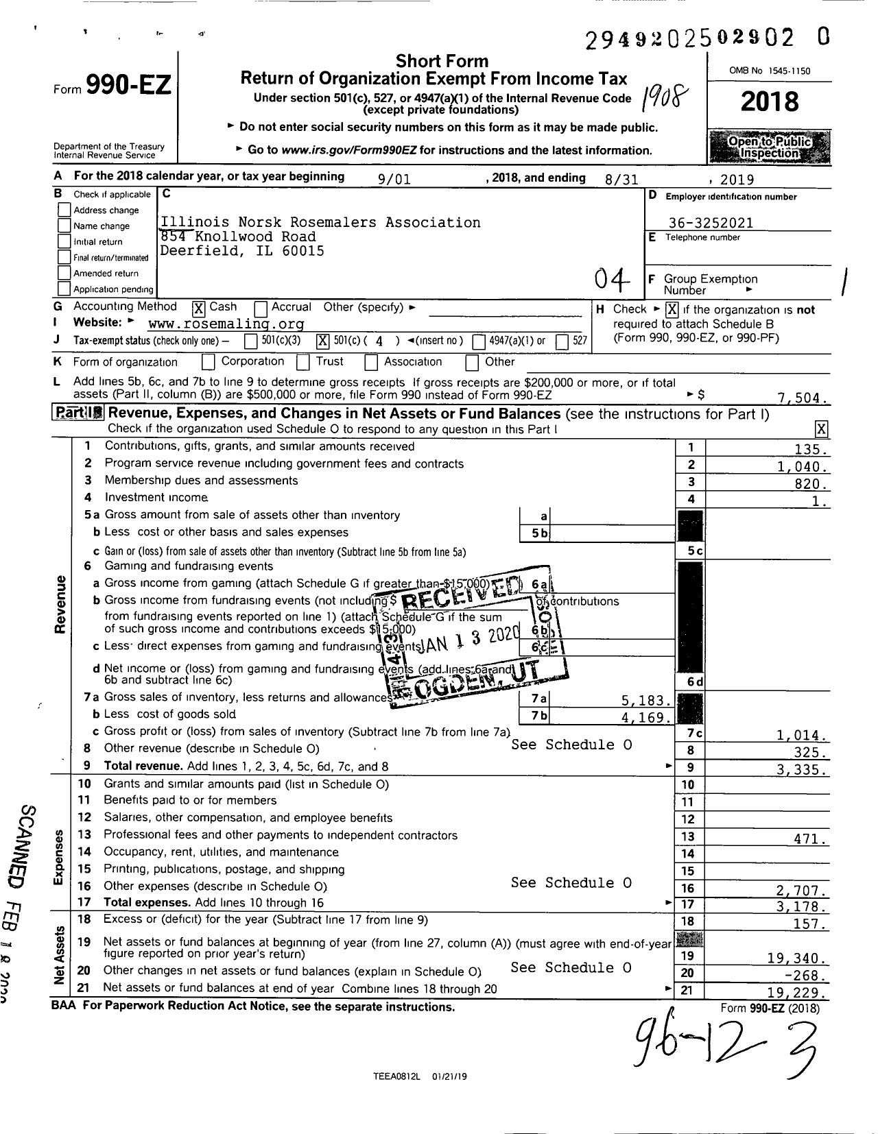 Image of first page of 2018 Form 990EO for Illinois Norsk Rosemalers Association