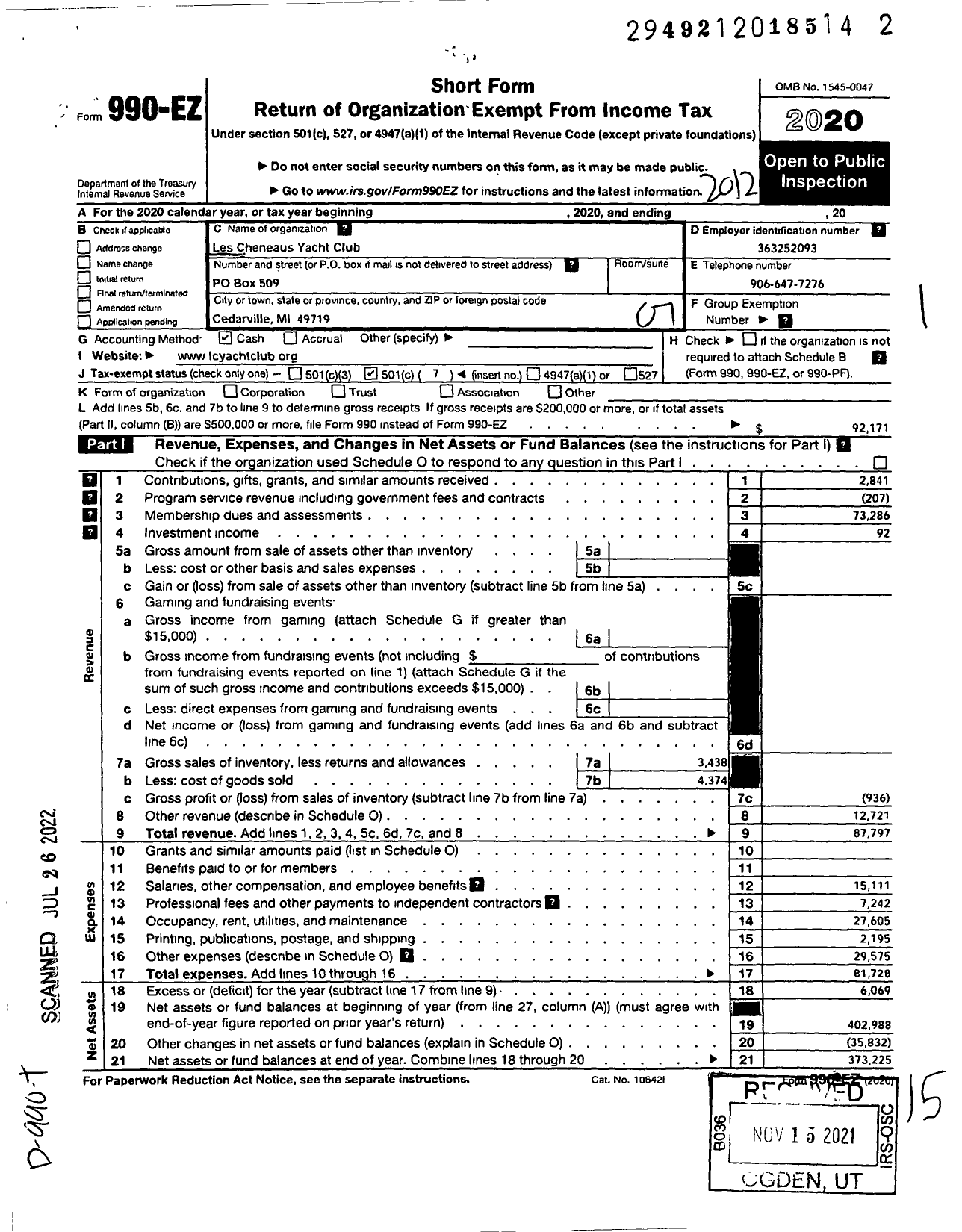 Image of first page of 2020 Form 990EO for Les Cheneaux Yacht Club