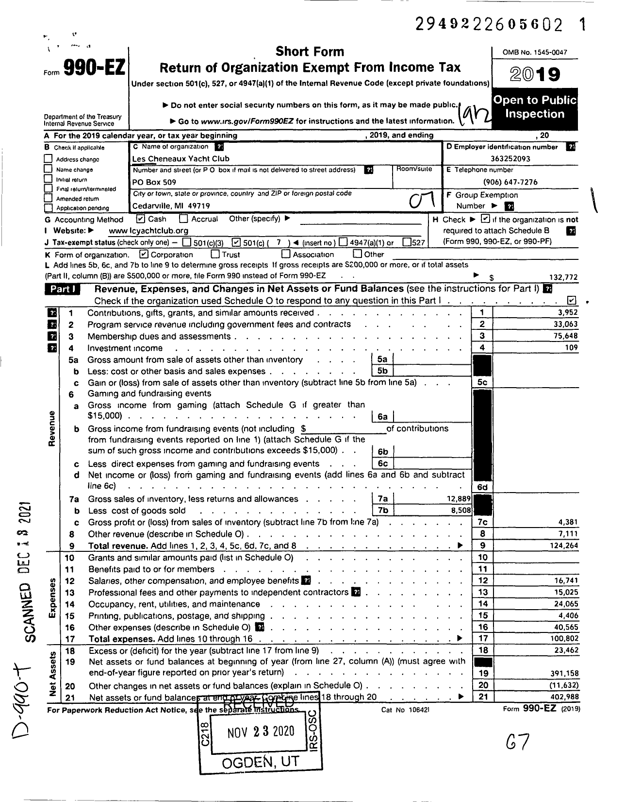 Image of first page of 2019 Form 990EO for Les Cheneaux Yacht Club