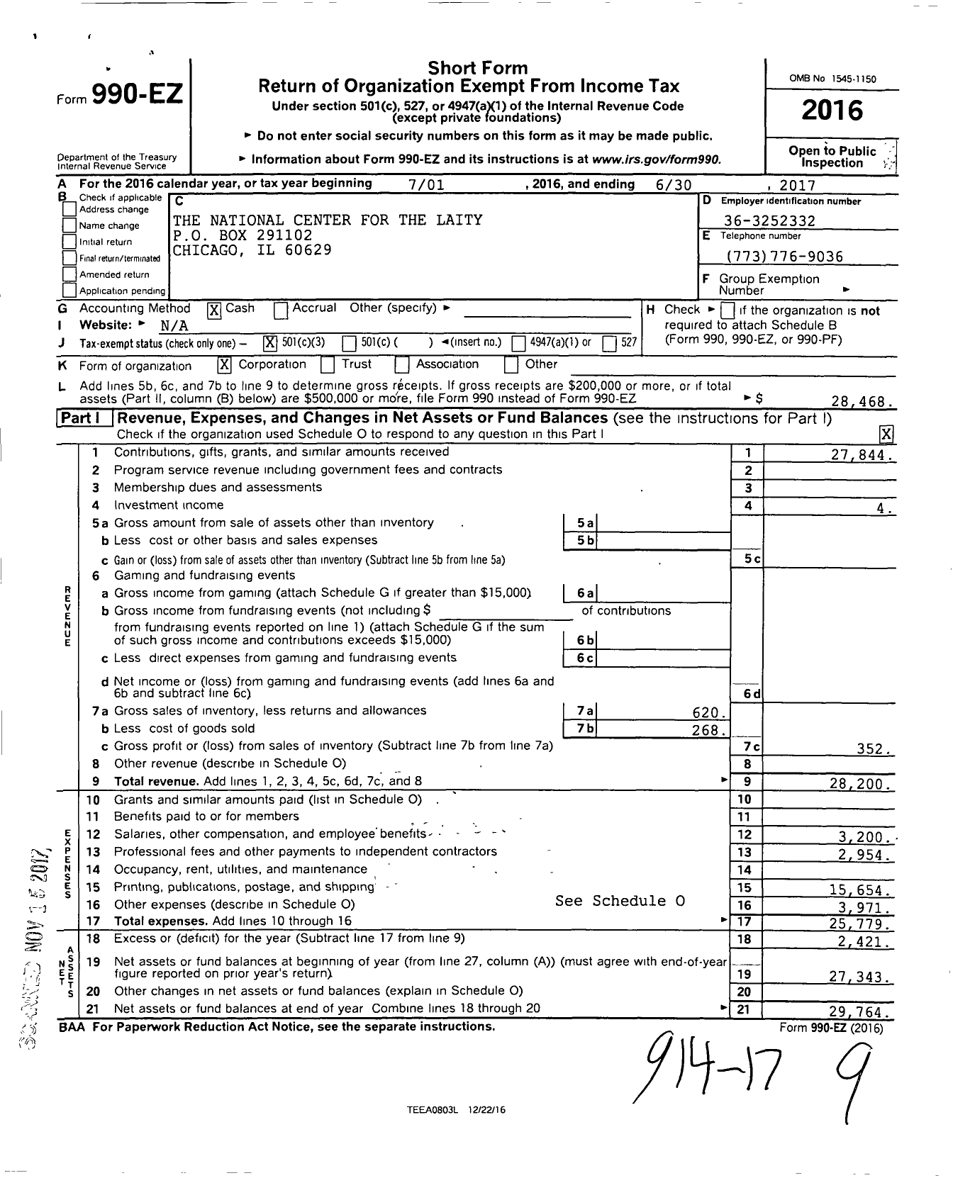 Image of first page of 2016 Form 990EZ for The National Center for the Laity