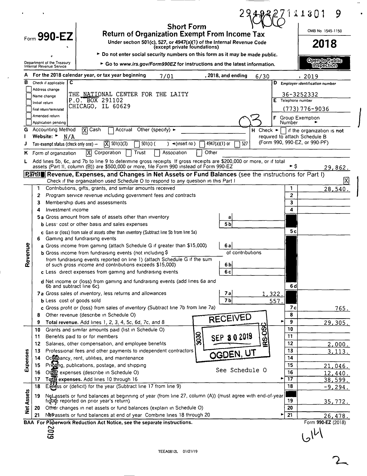 Image of first page of 2018 Form 990EZ for The National Center for the Laity