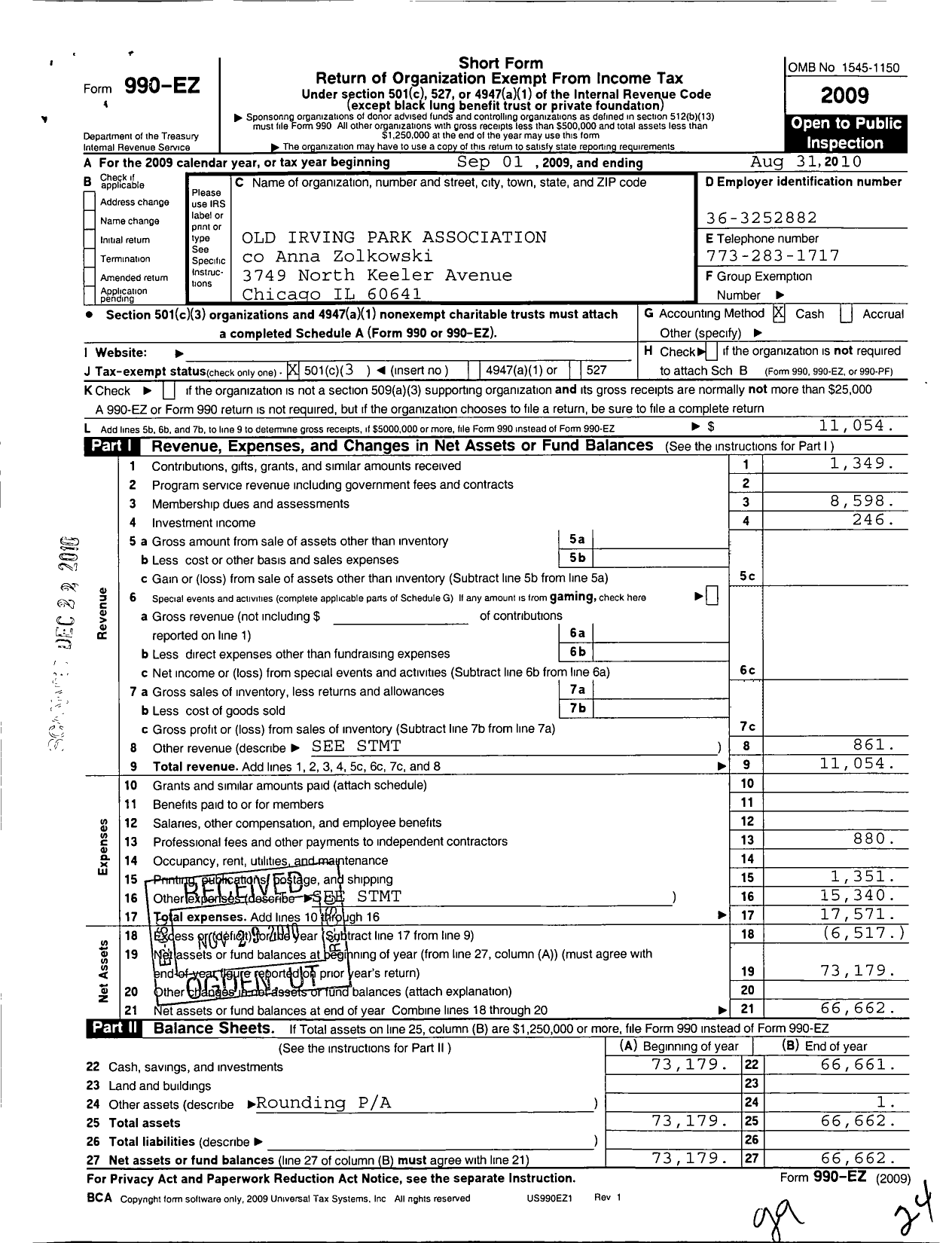 Image of first page of 2009 Form 990EZ for Old Irving Park Association