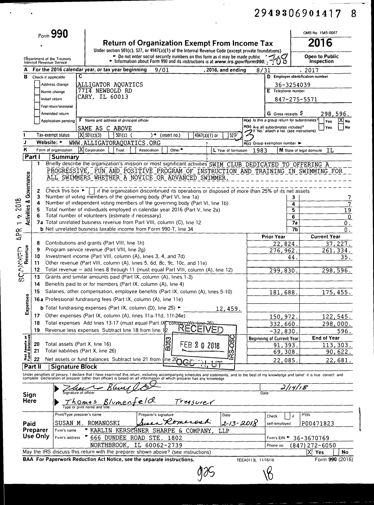 Image of first page of 2016 Form 990 for Alligator Aquatics