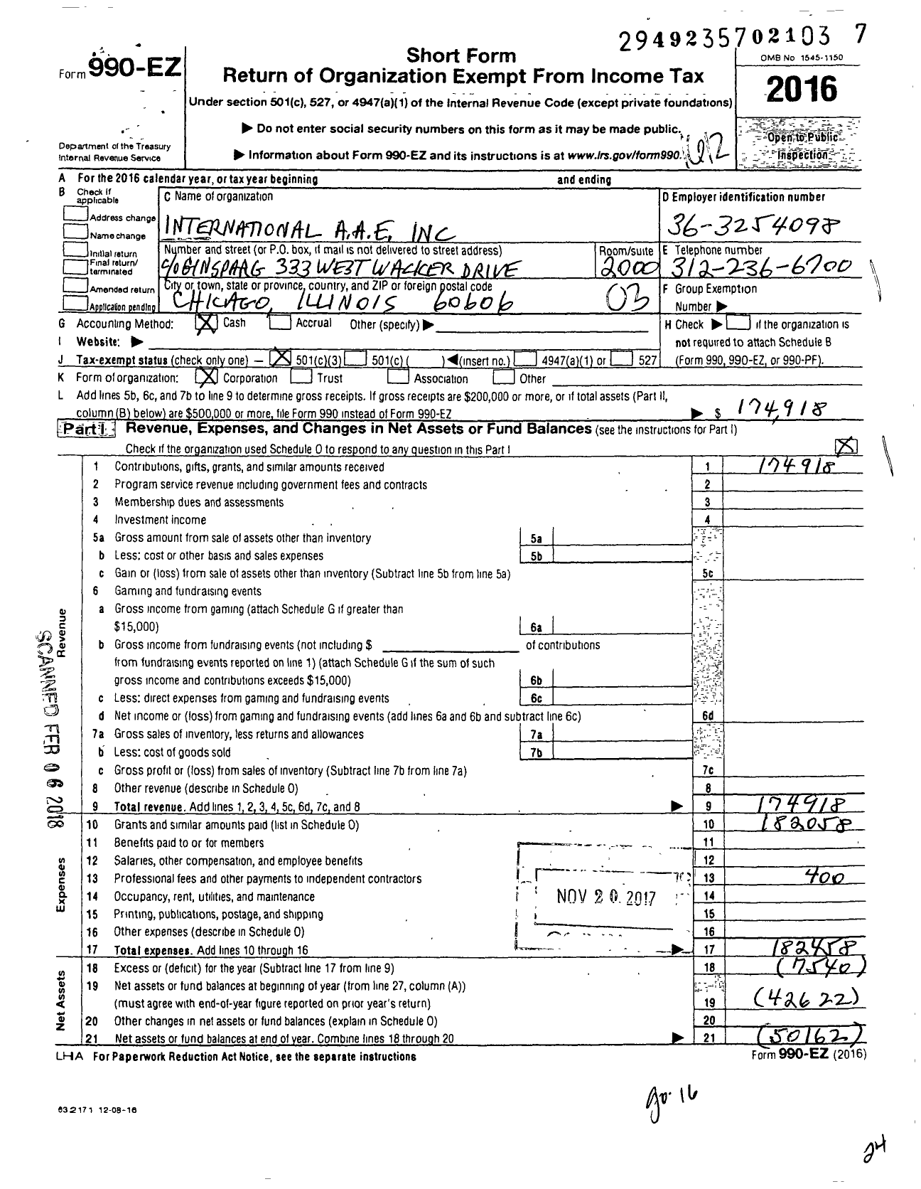 Image of first page of 2016 Form 990EZ for International Aae