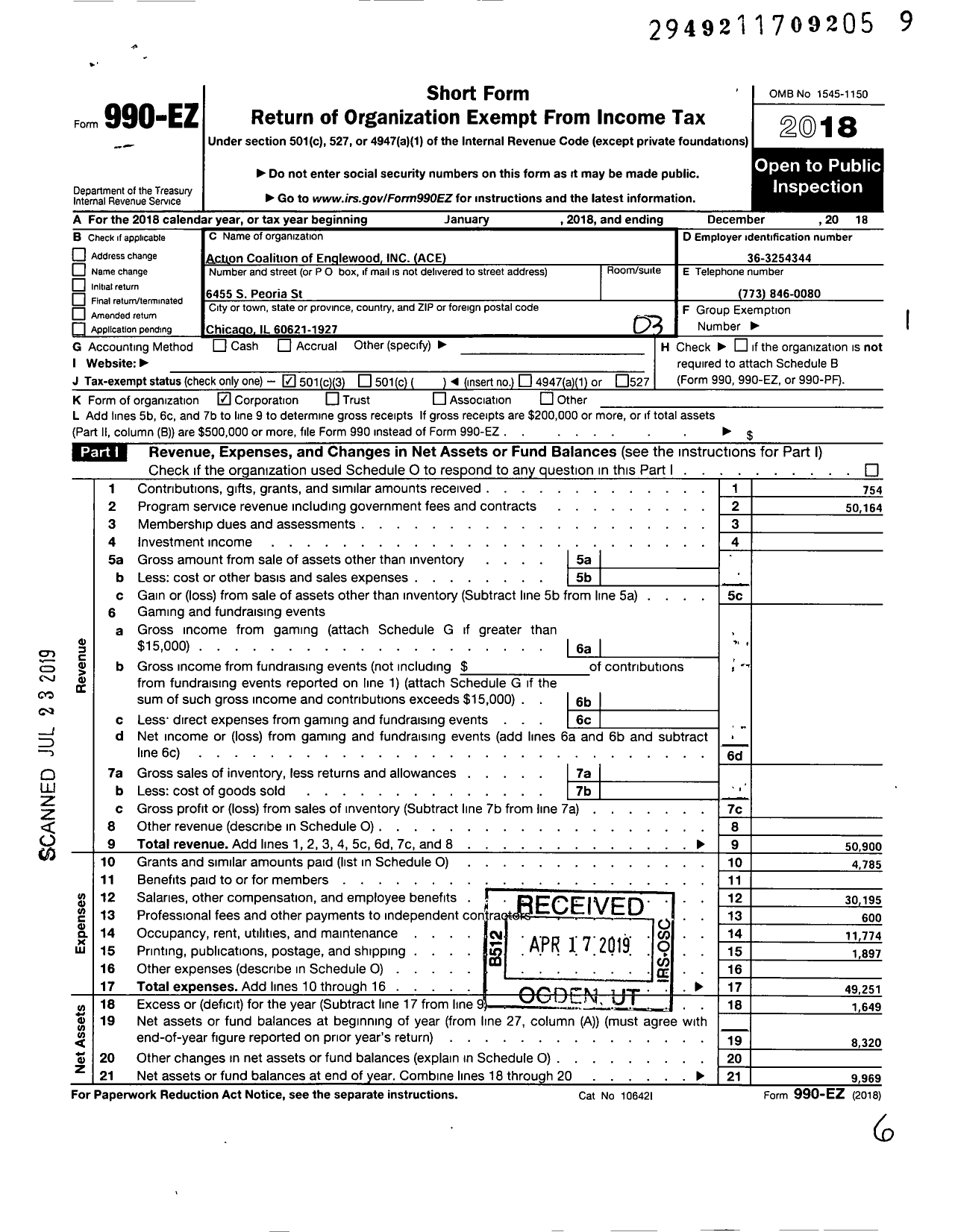 Image of first page of 2018 Form 990EZ for Action Coalition of Englewood (ACE)