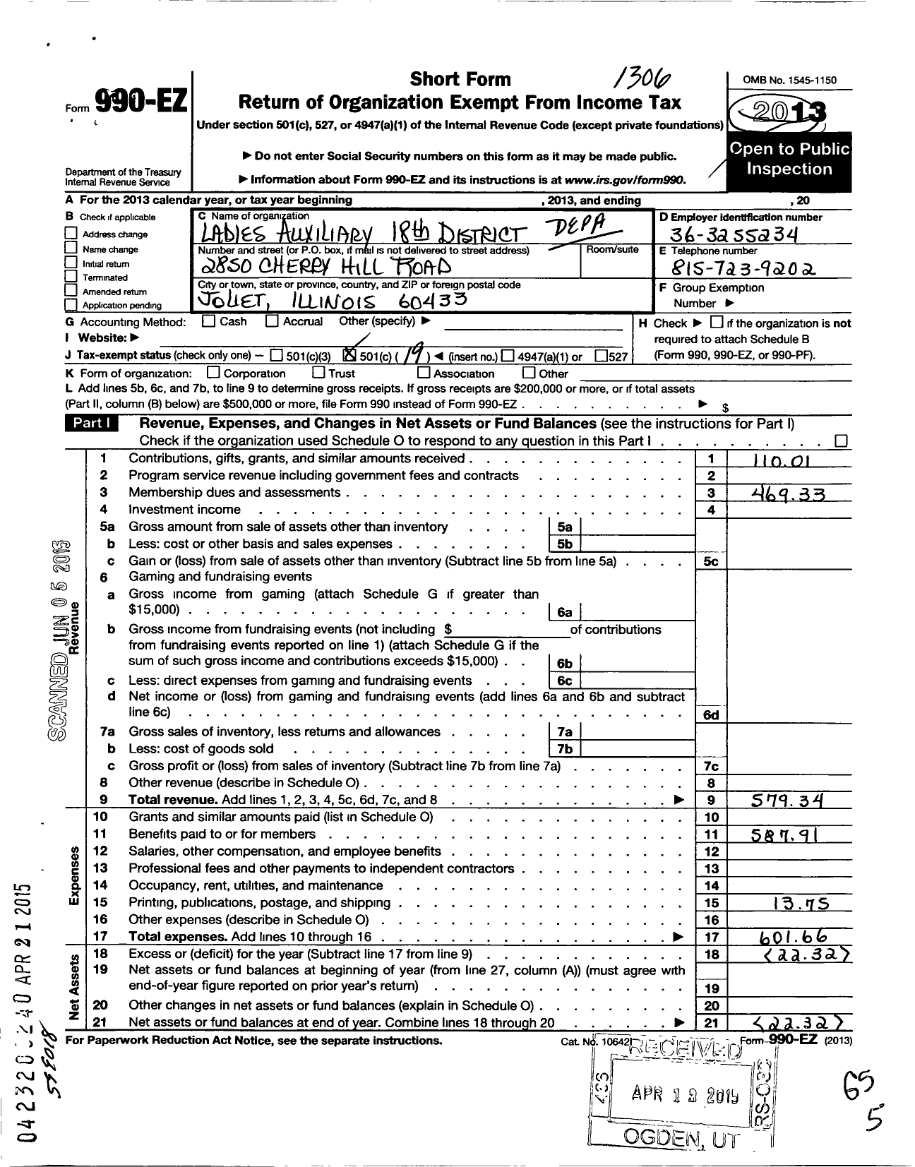 Image of first page of 2012 Form 990EO for Department of Illinois VFW Auxiliary - 18 District Dept of Illinois VFW Au