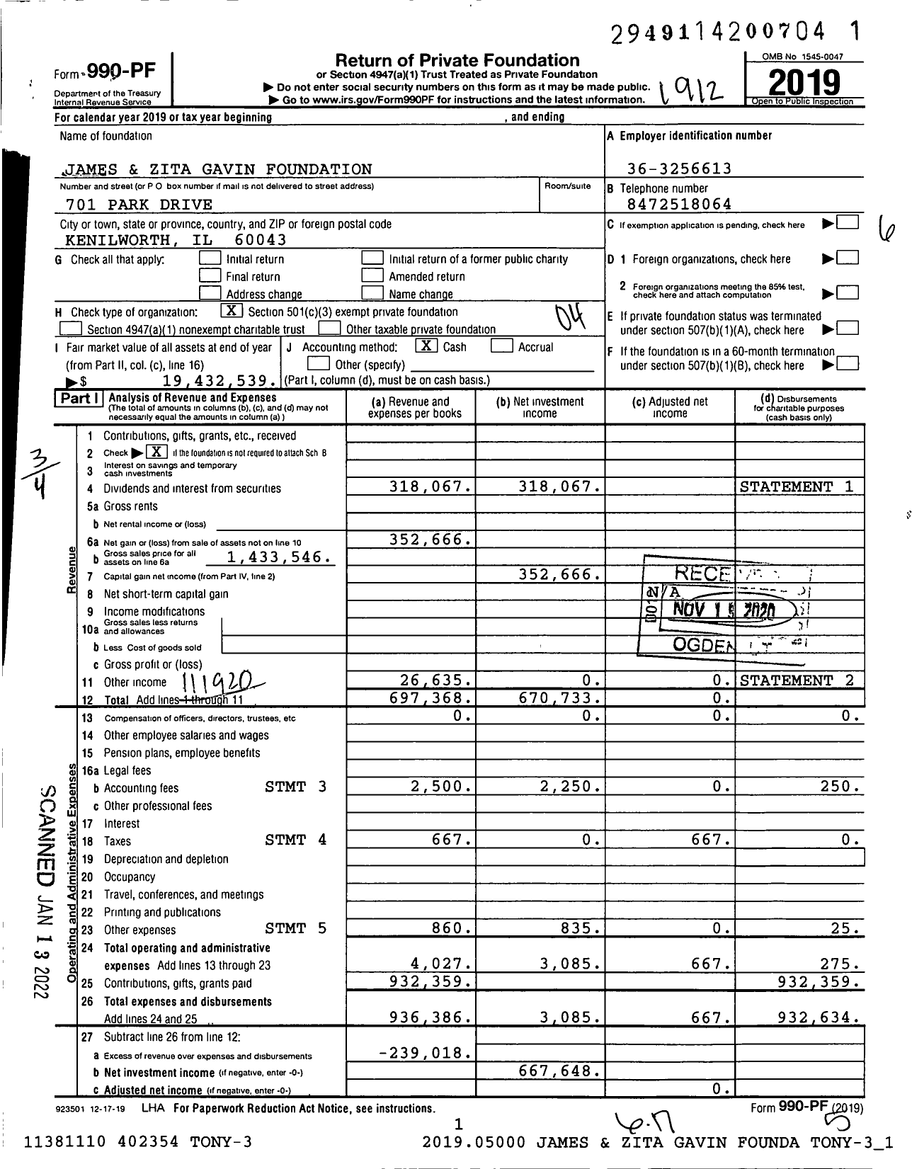 Image of first page of 2019 Form 990PF for James and Zita Gavin Foundation