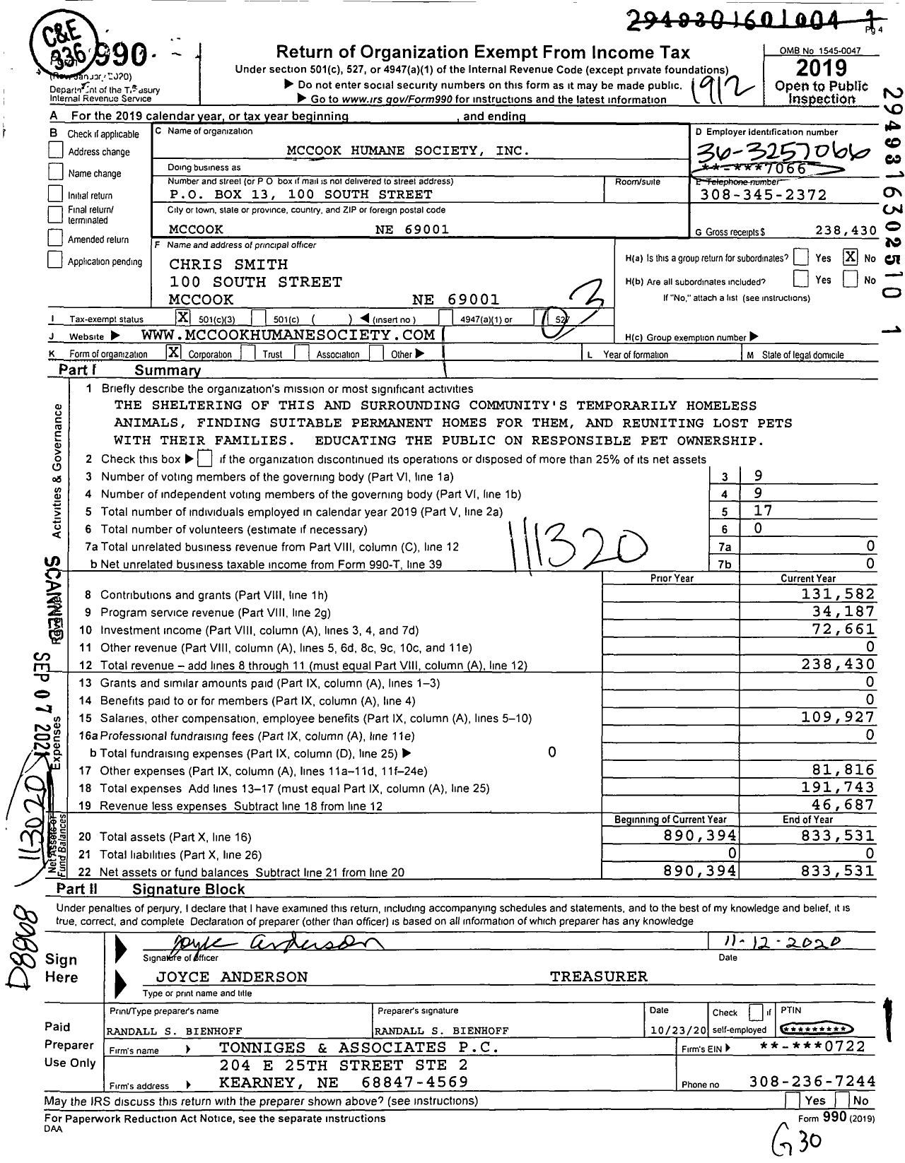 Image of first page of 2019 Form 990 for MCCOOK HUMANE SOCiety