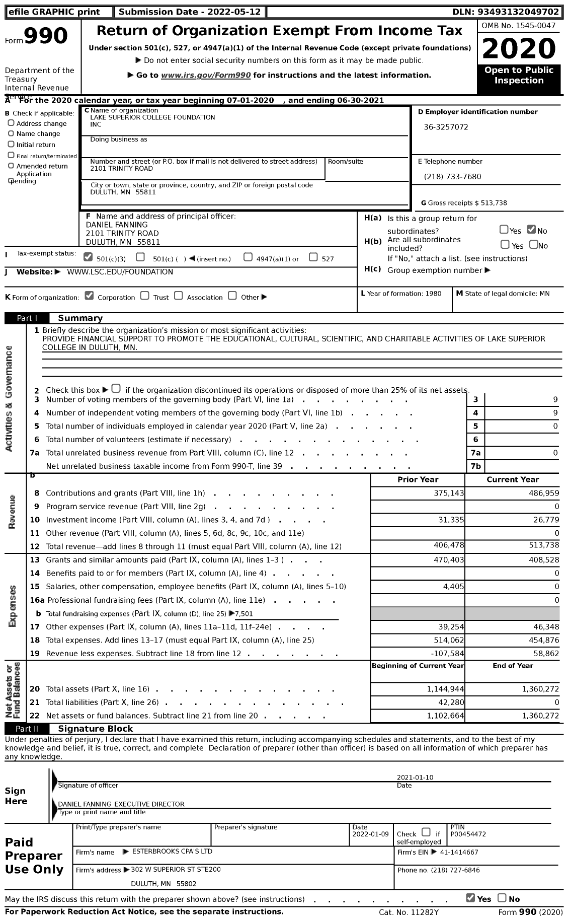 Image of first page of 2020 Form 990 for Lake Superior College Foundation