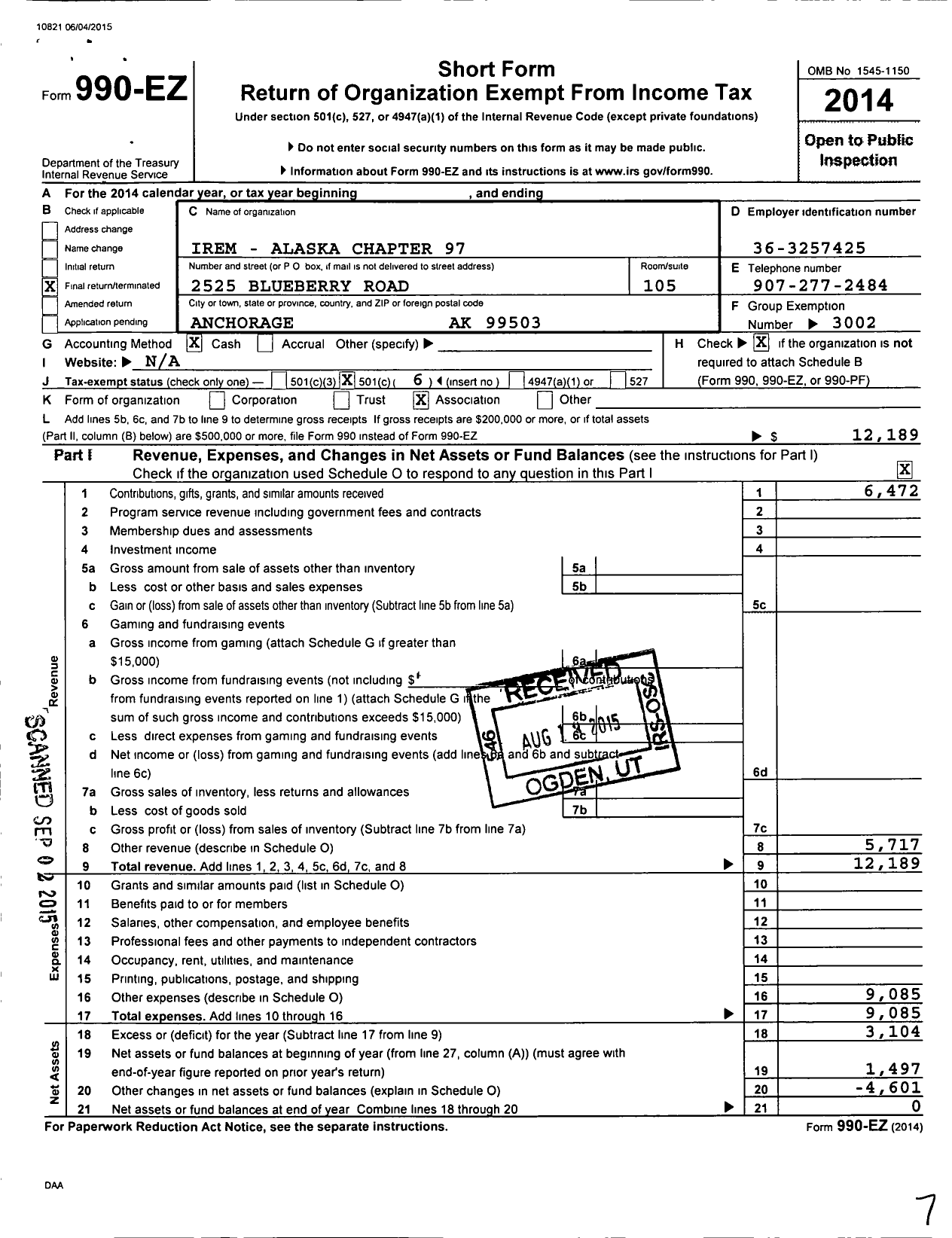 Image of first page of 2014 Form 990EO for Institute of Real Estate Management - 97 Alaska Chapter