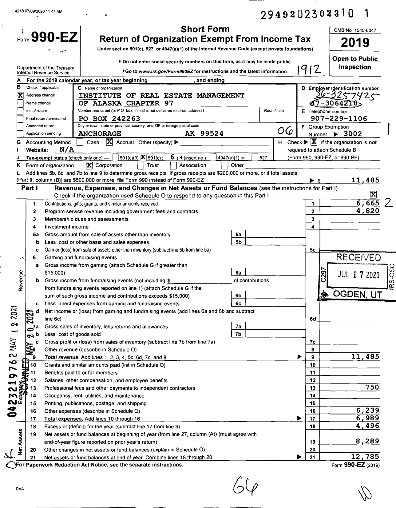 Image of first page of 2019 Form 990EO for Institute of Real Estate Management - 97 Alaska Chapter