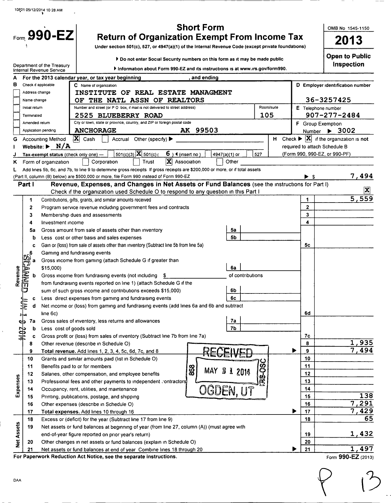 Image of first page of 2013 Form 990EO for Institute of Real Estate Management - 97 Alaska Chapter