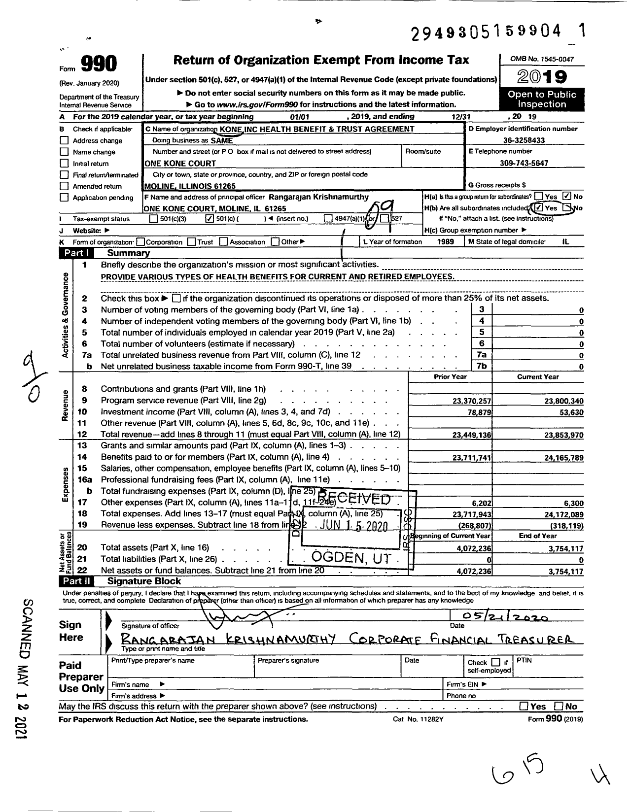 Image of first page of 2019 Form 990O for Same / Kone Inc Health Benefit & Trust Agreement