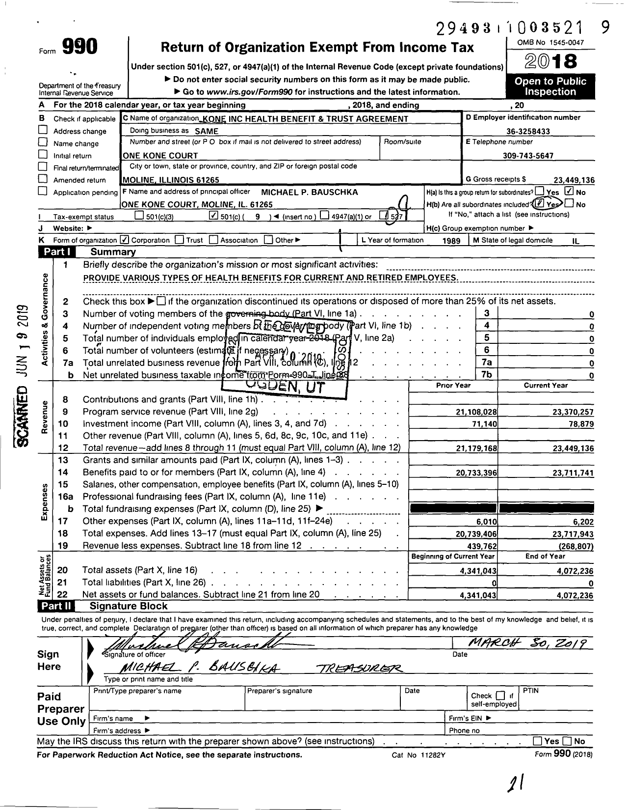 Image of first page of 2018 Form 990O for Same / Kone Inc Health Benefit & Trust Agreement