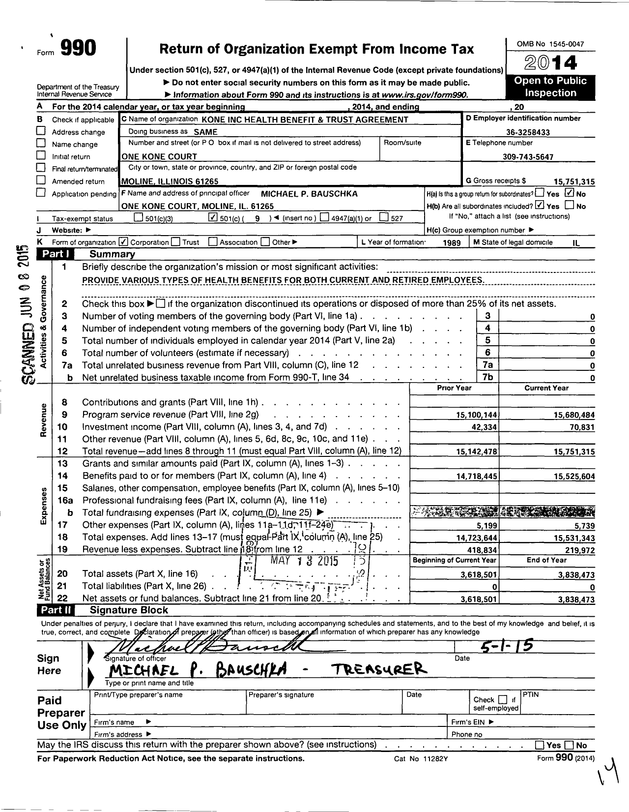 Image of first page of 2014 Form 990O for Same / Kone Inc Health Benefit & Trust Agreement