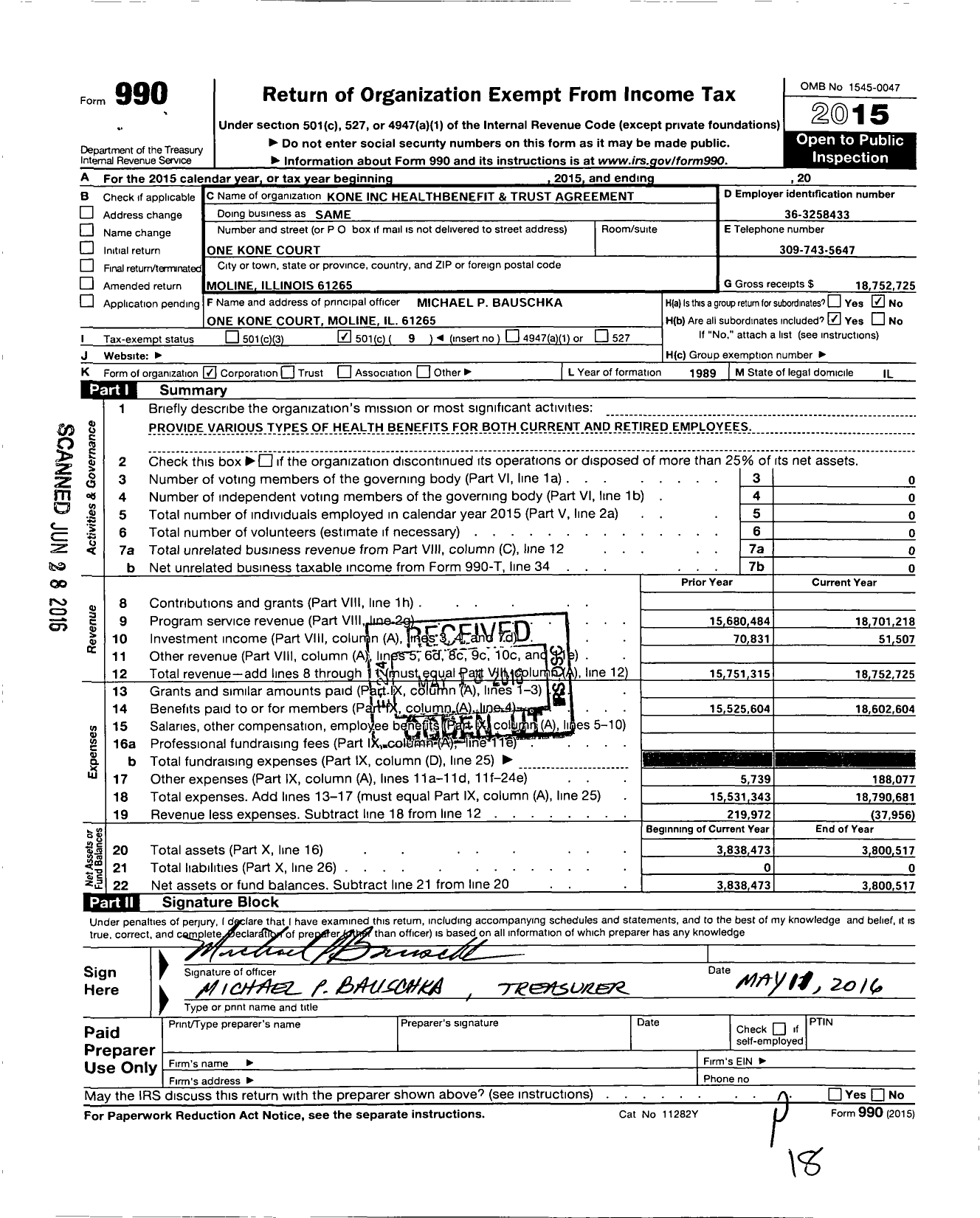 Image of first page of 2015 Form 990O for Same / Kone Inc Health Benefit & Trust Agreement