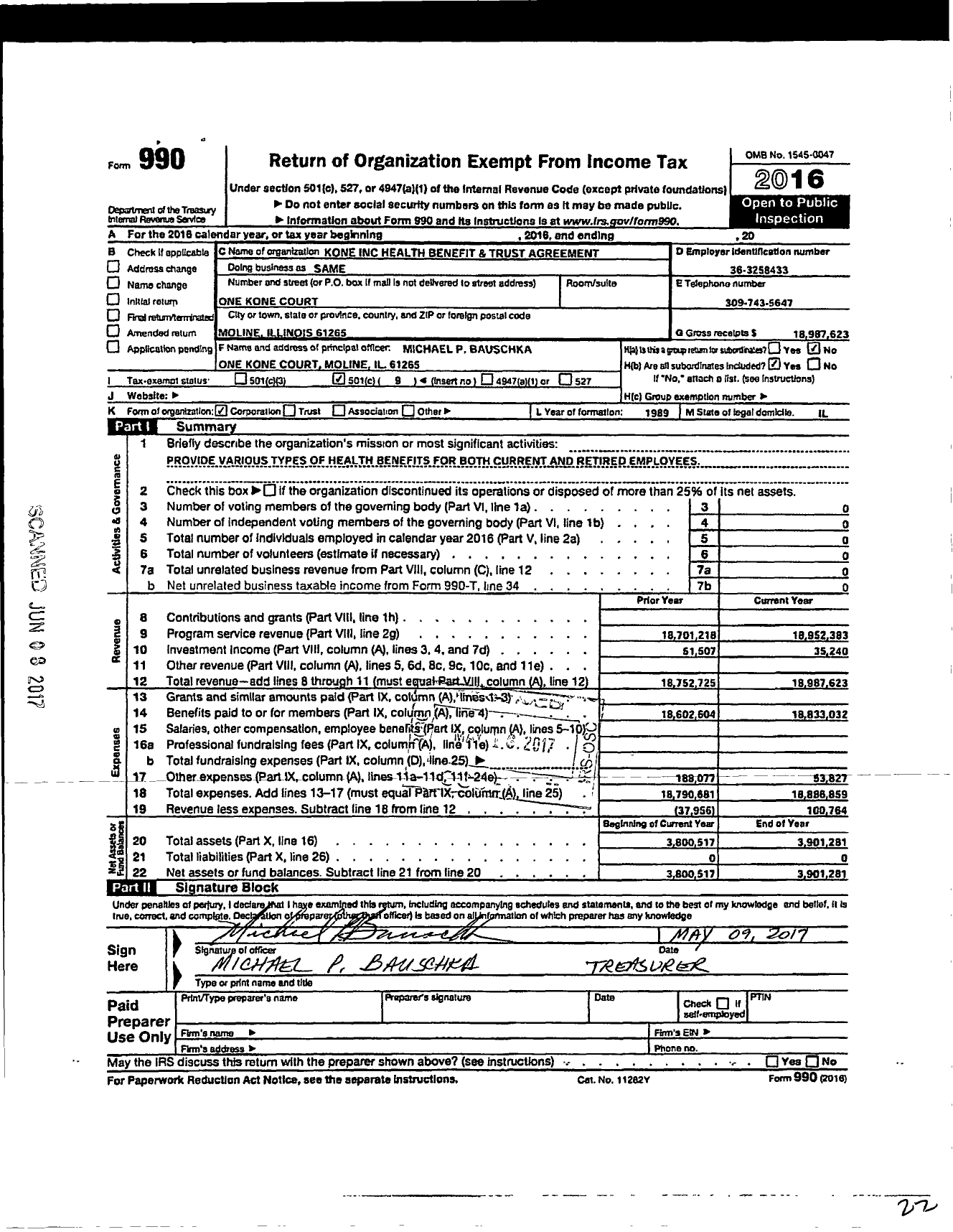 Image of first page of 2016 Form 990O for Same / Kone Inc Health Benefit & Trust Agreement