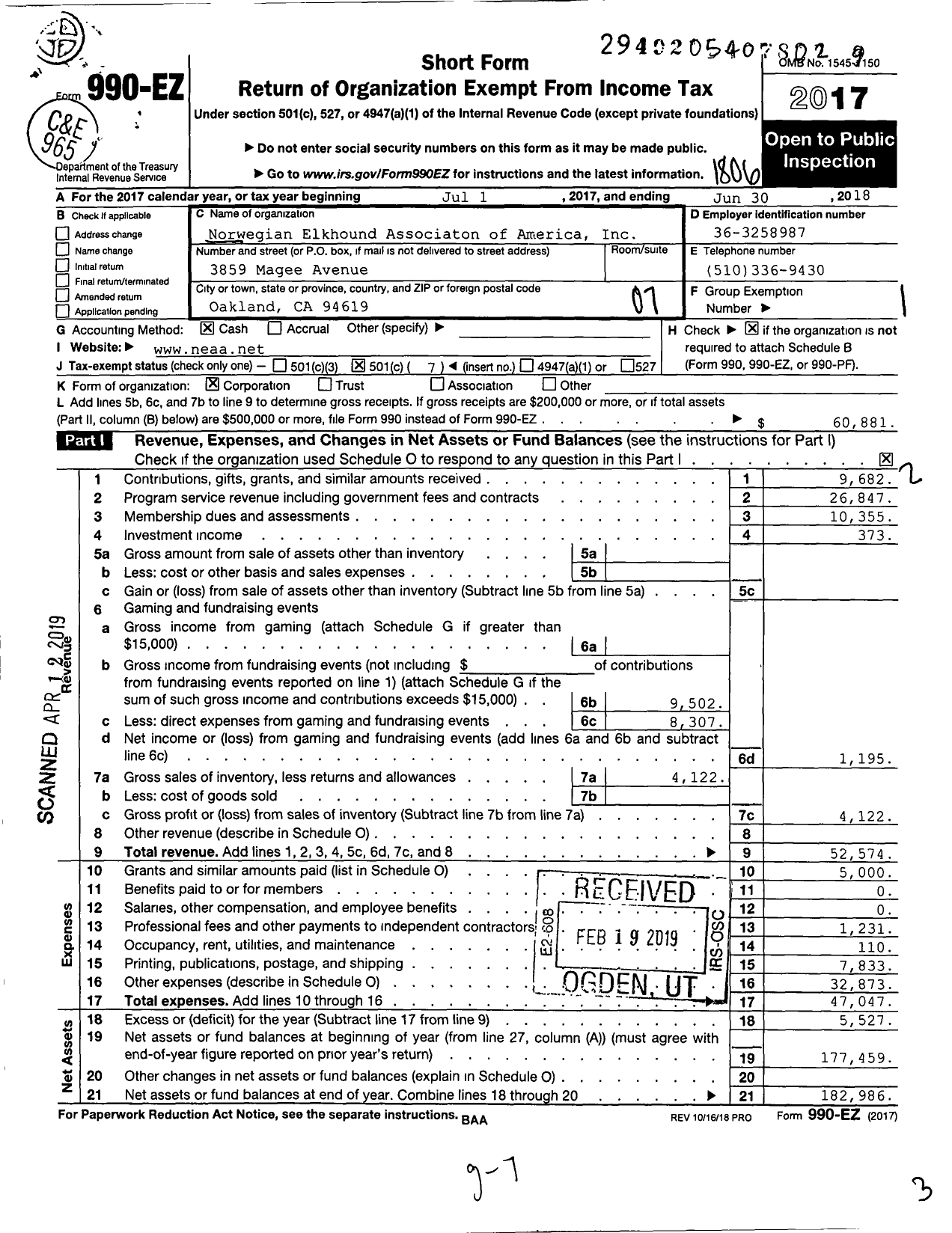 Image of first page of 2017 Form 990EO for Norweigan Elkhound Association of America