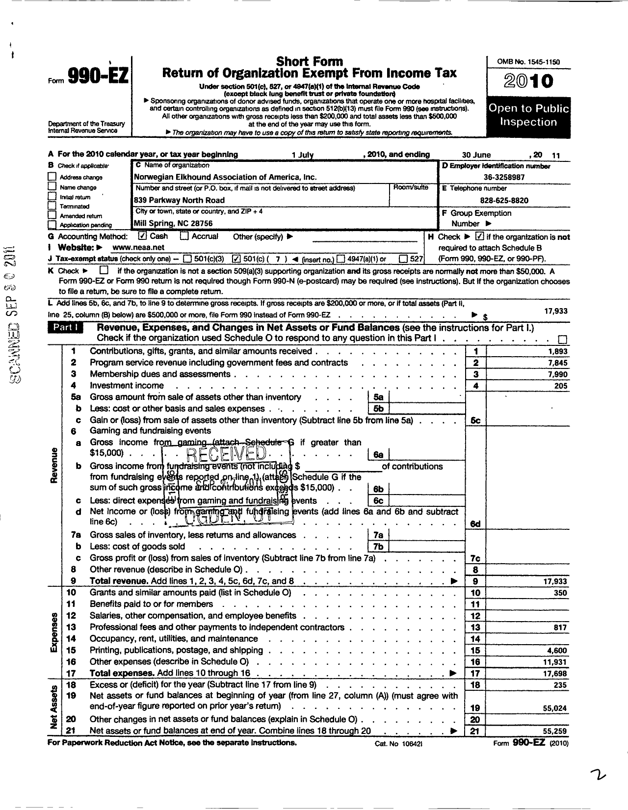 Image of first page of 2010 Form 990EO for Norweigan Elkhound Association of America