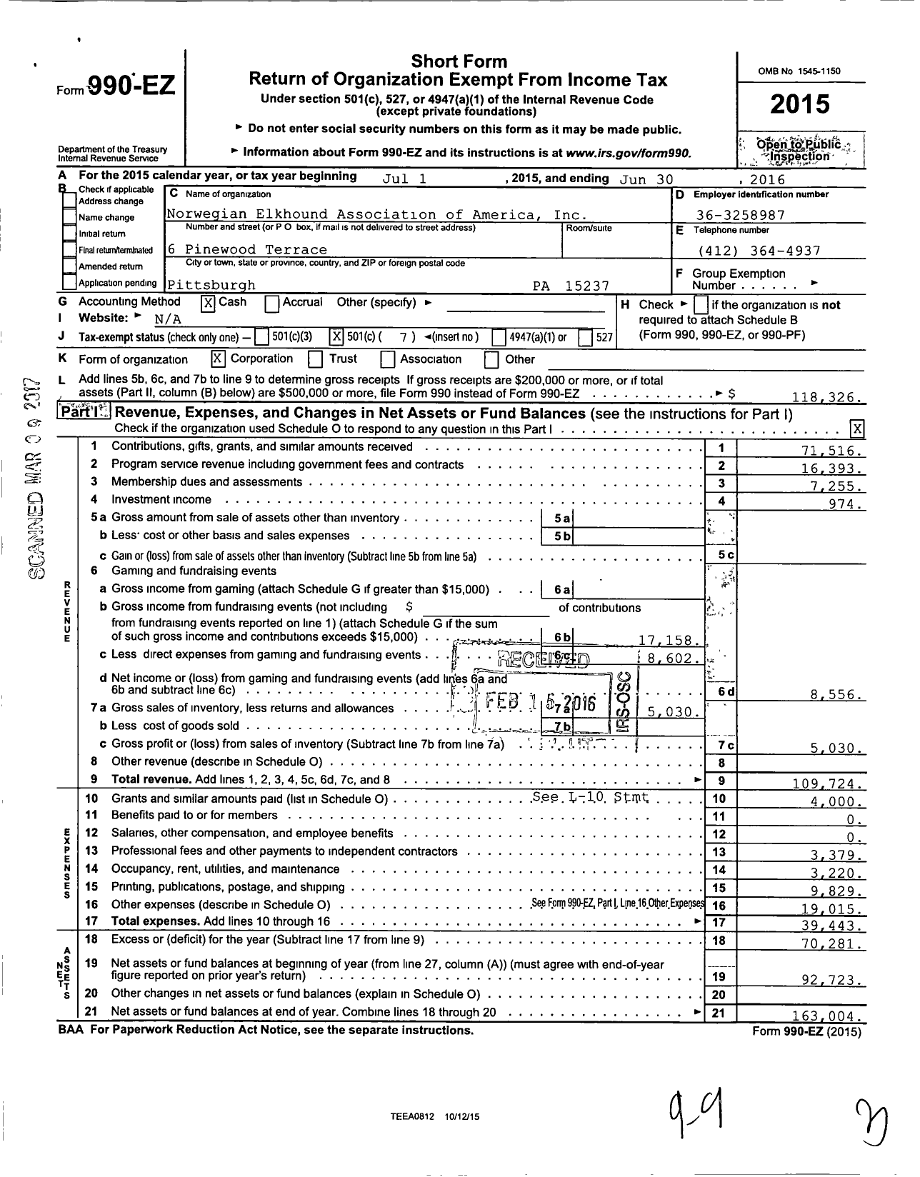 Image of first page of 2015 Form 990EO for Norweigan Elkhound Association of America