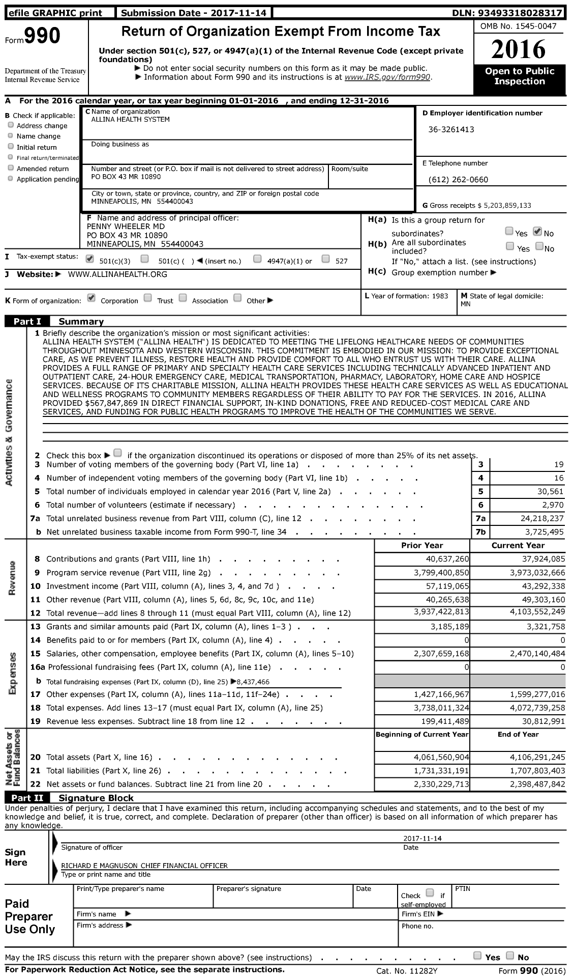 Image of first page of 2016 Form 990 for Allina Health