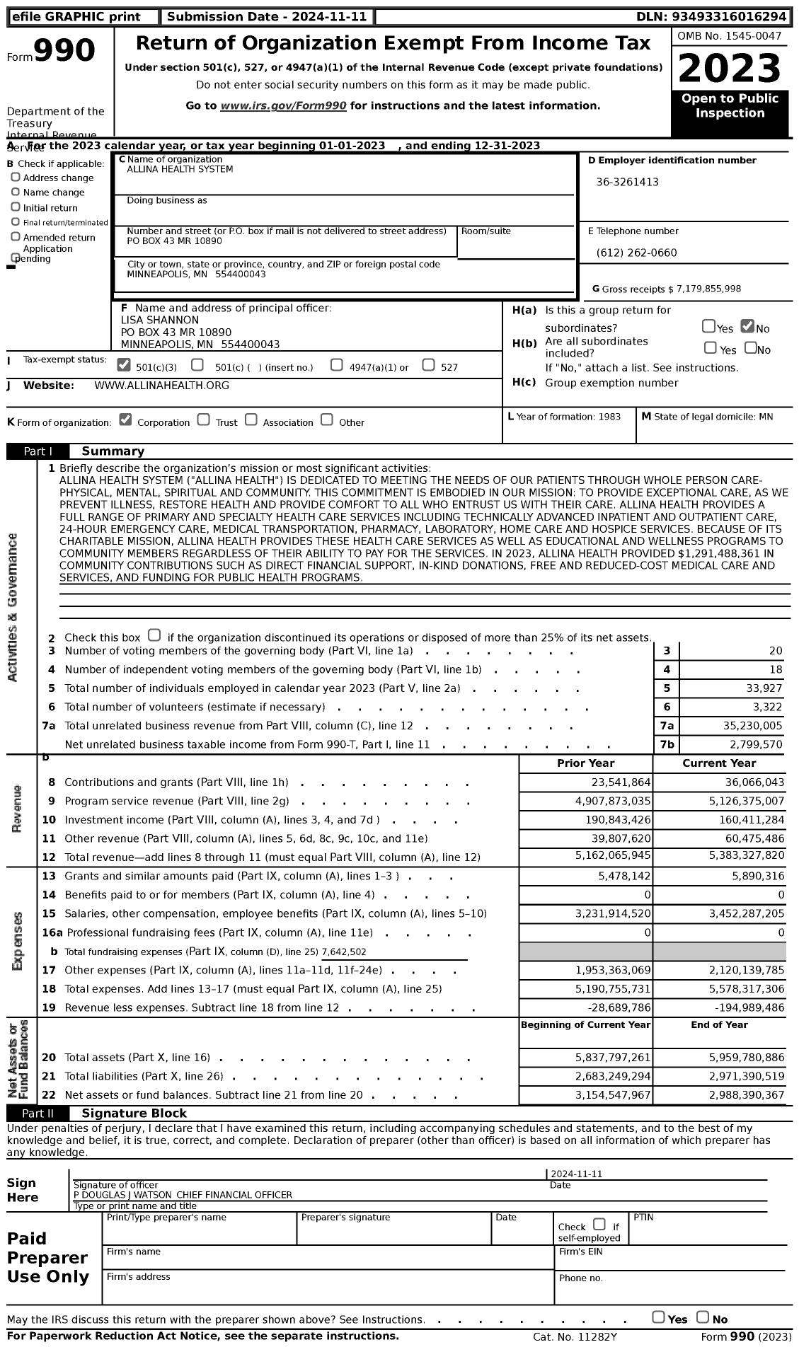 Image of first page of 2023 Form 990 for Allina Health