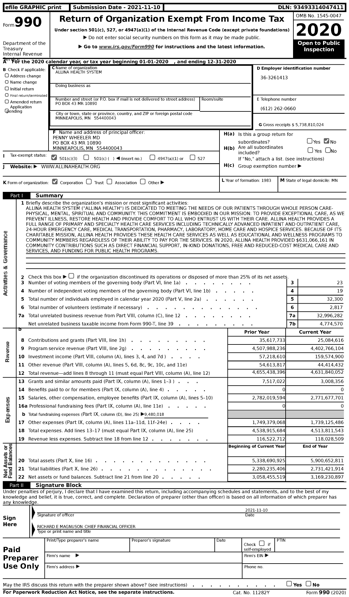 Image of first page of 2020 Form 990 for Allina Health
