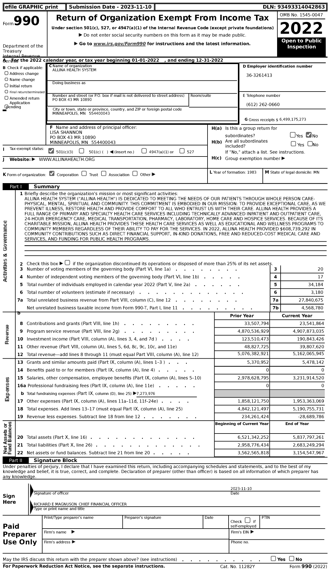 Image of first page of 2022 Form 990 for Allina Health