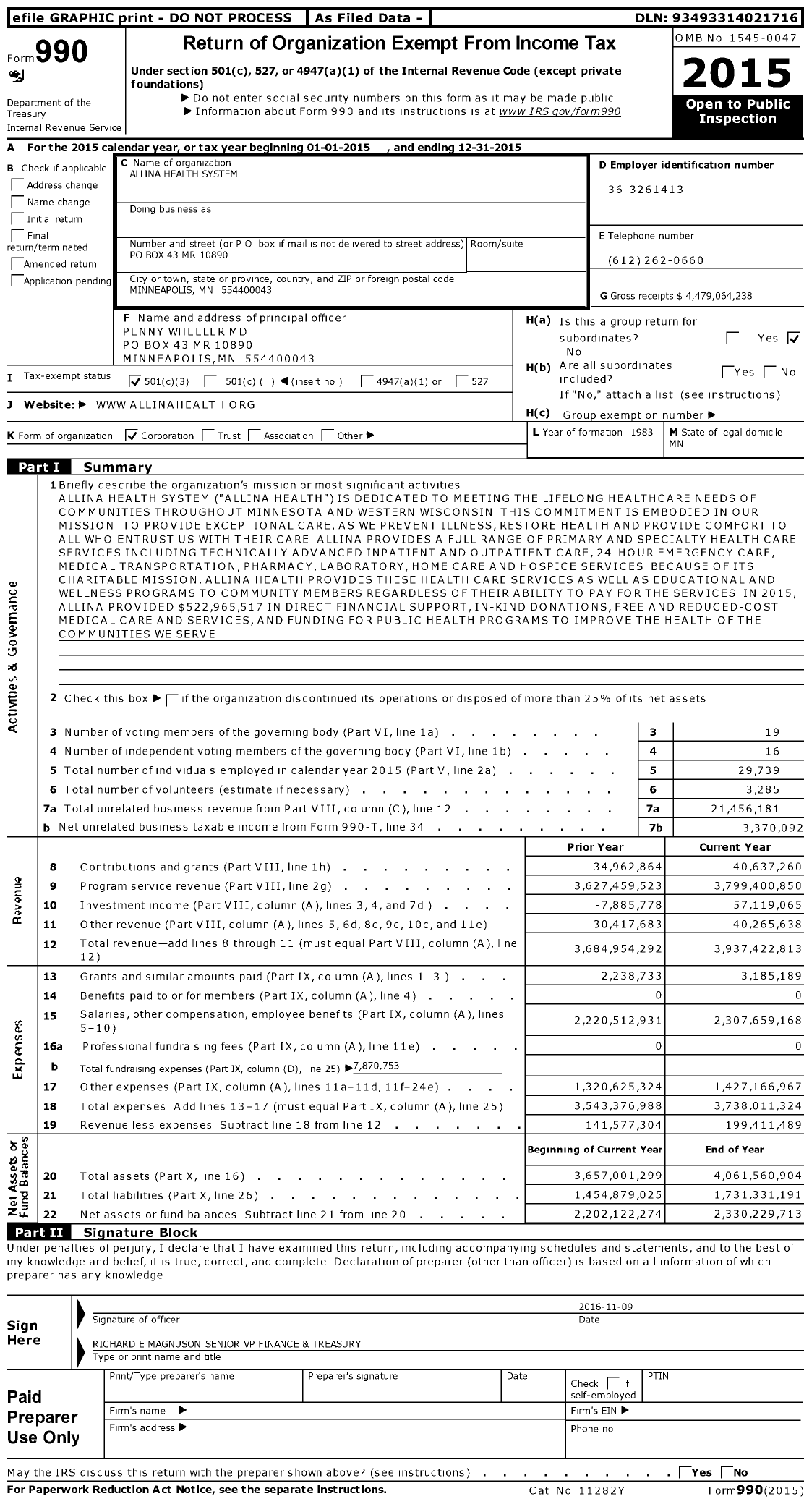 Image of first page of 2015 Form 990 for Allina Health