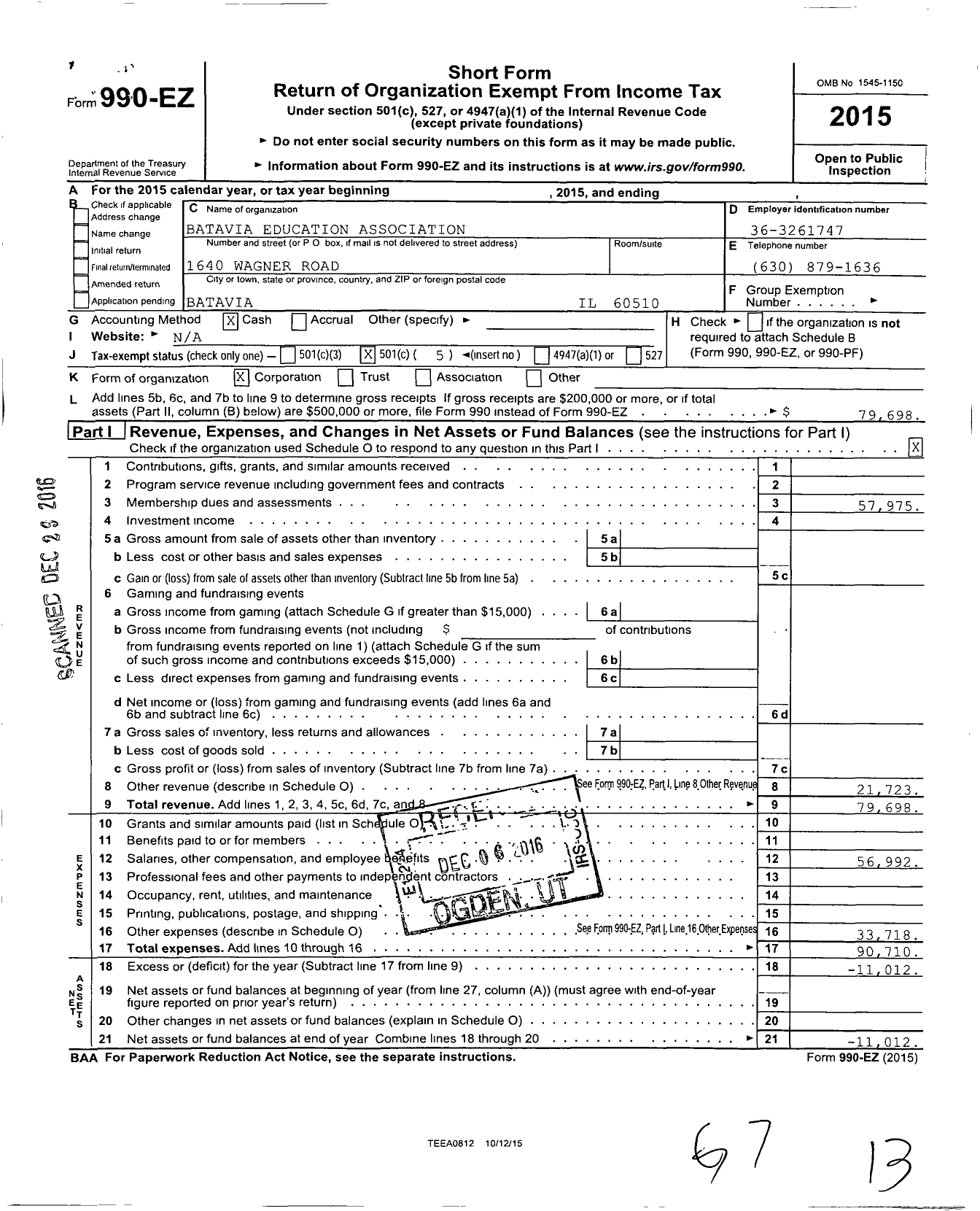 Image of first page of 2015 Form 990EO for Illinois Education Association - Batavia Ea