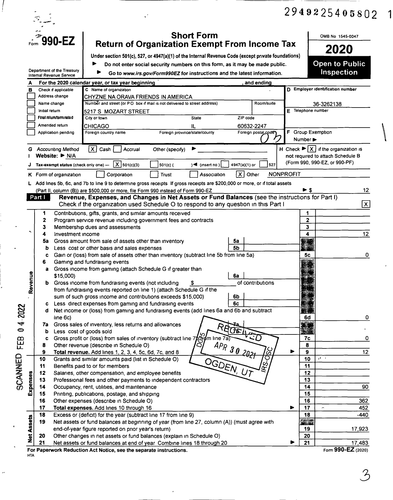 Image of first page of 2020 Form 990EZ for Chyzne Na Orava Friends in America