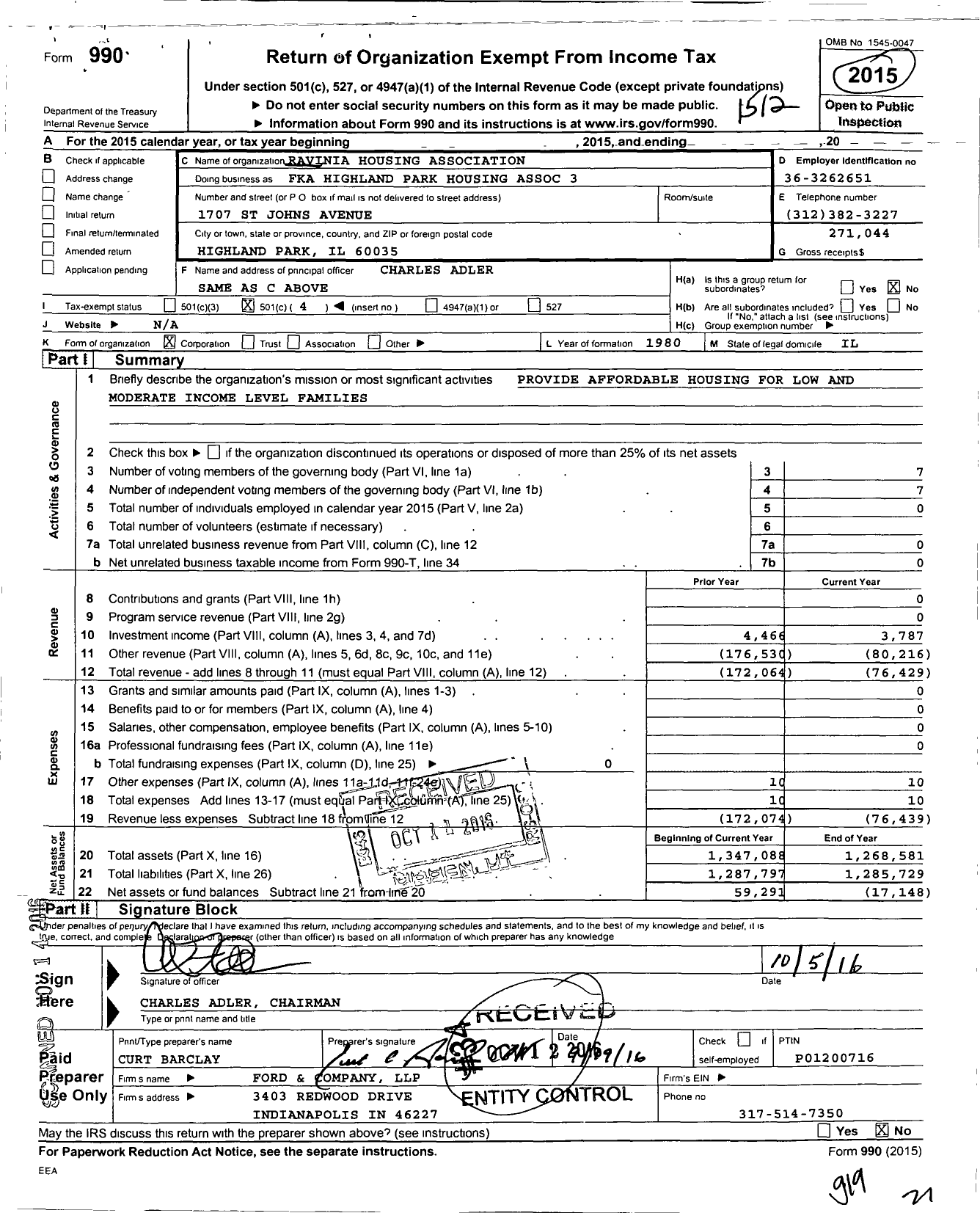 Image of first page of 2015 Form 990O for Ravinia Housing Association
