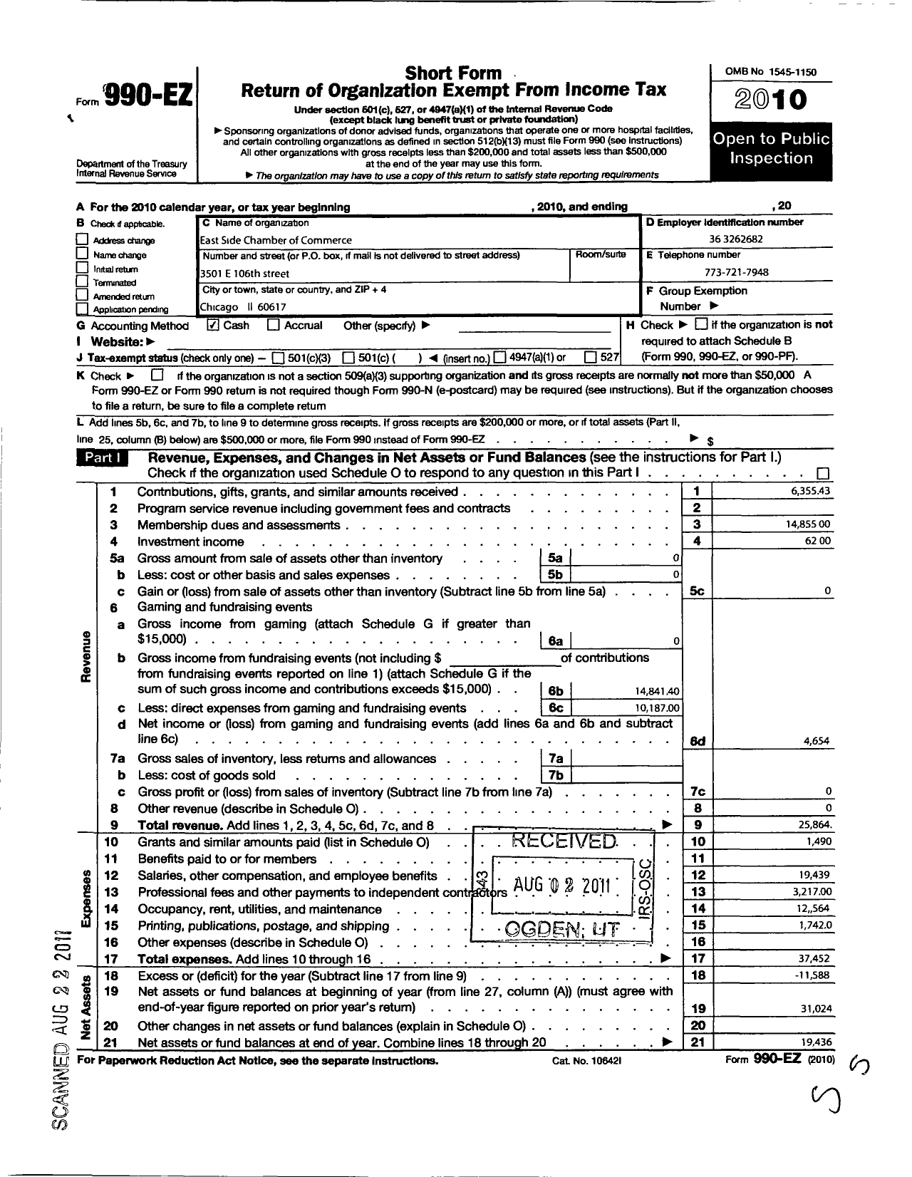 Image of first page of 2010 Form 990EO for East Side Chamber of Commerce