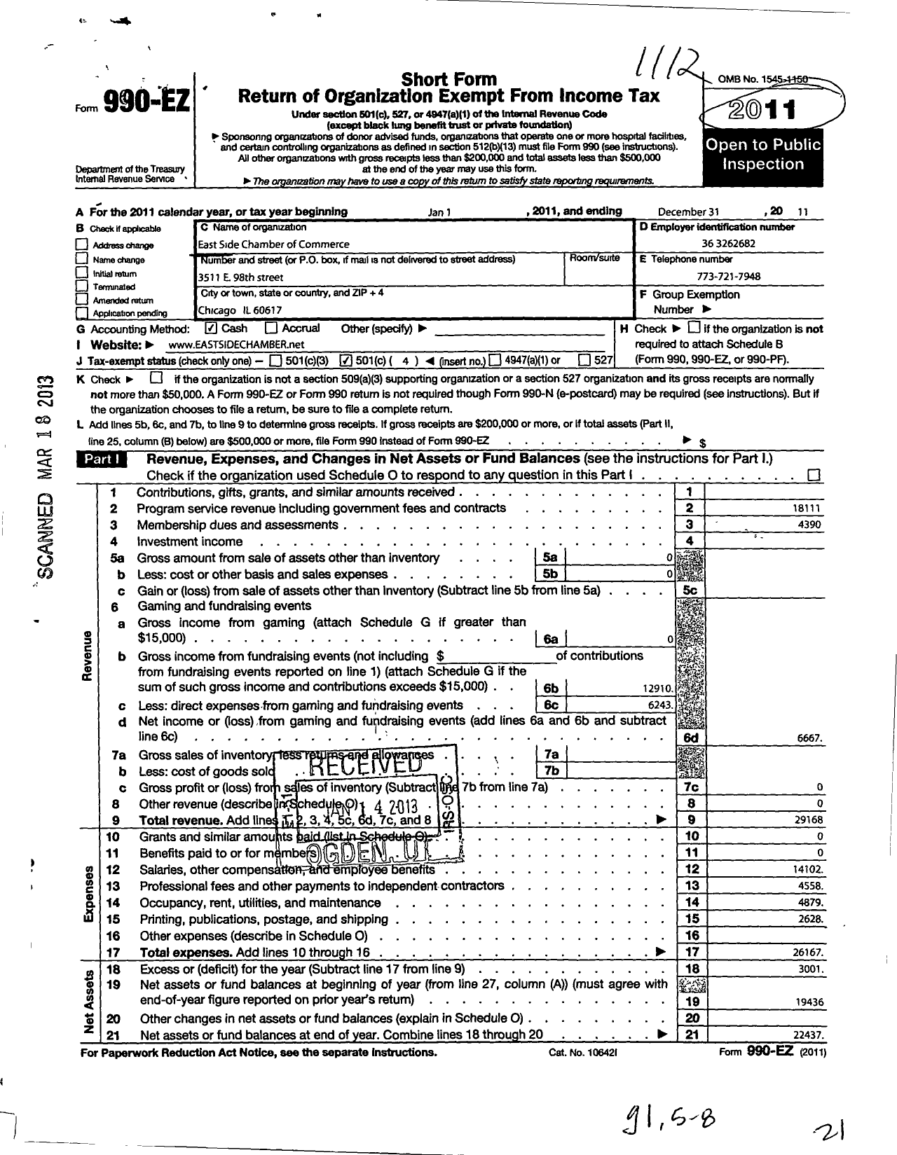 Image of first page of 2011 Form 990EO for East Side Chamber of Commerce