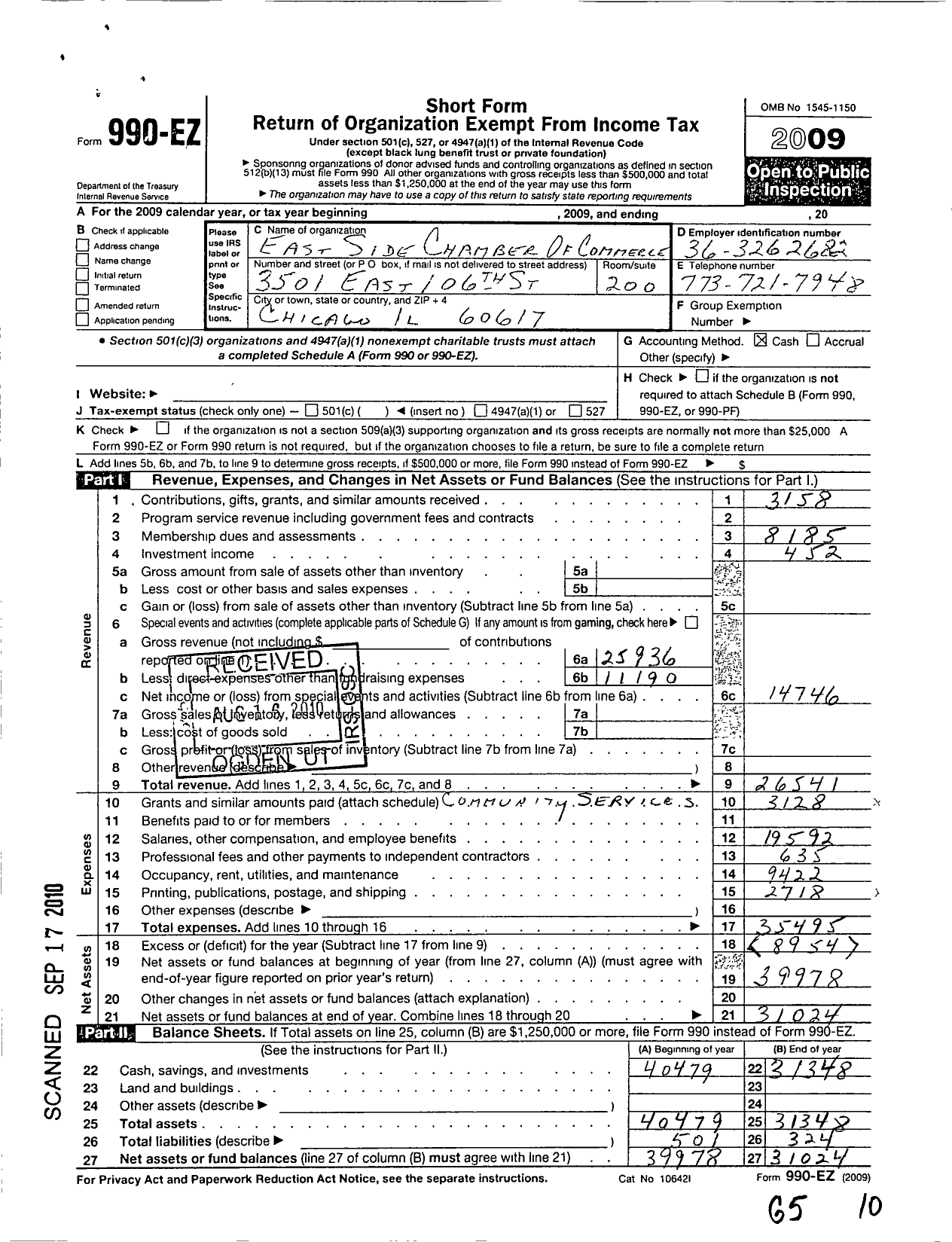 Image of first page of 2009 Form 990EO for East Side Chamber of Commerce