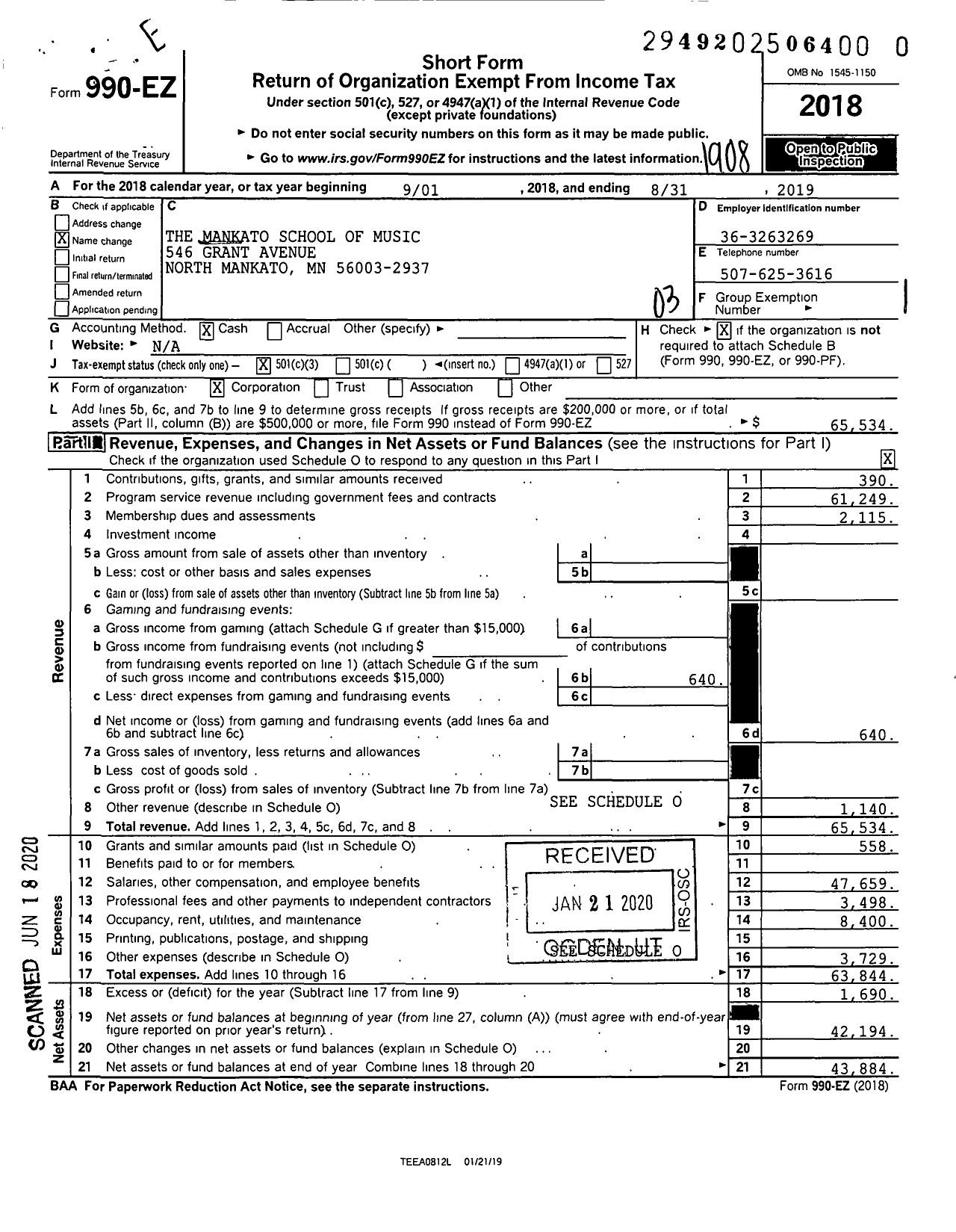 Image of first page of 2018 Form 990EZ for Southern Minnesota School of Music the Mankato School of Music