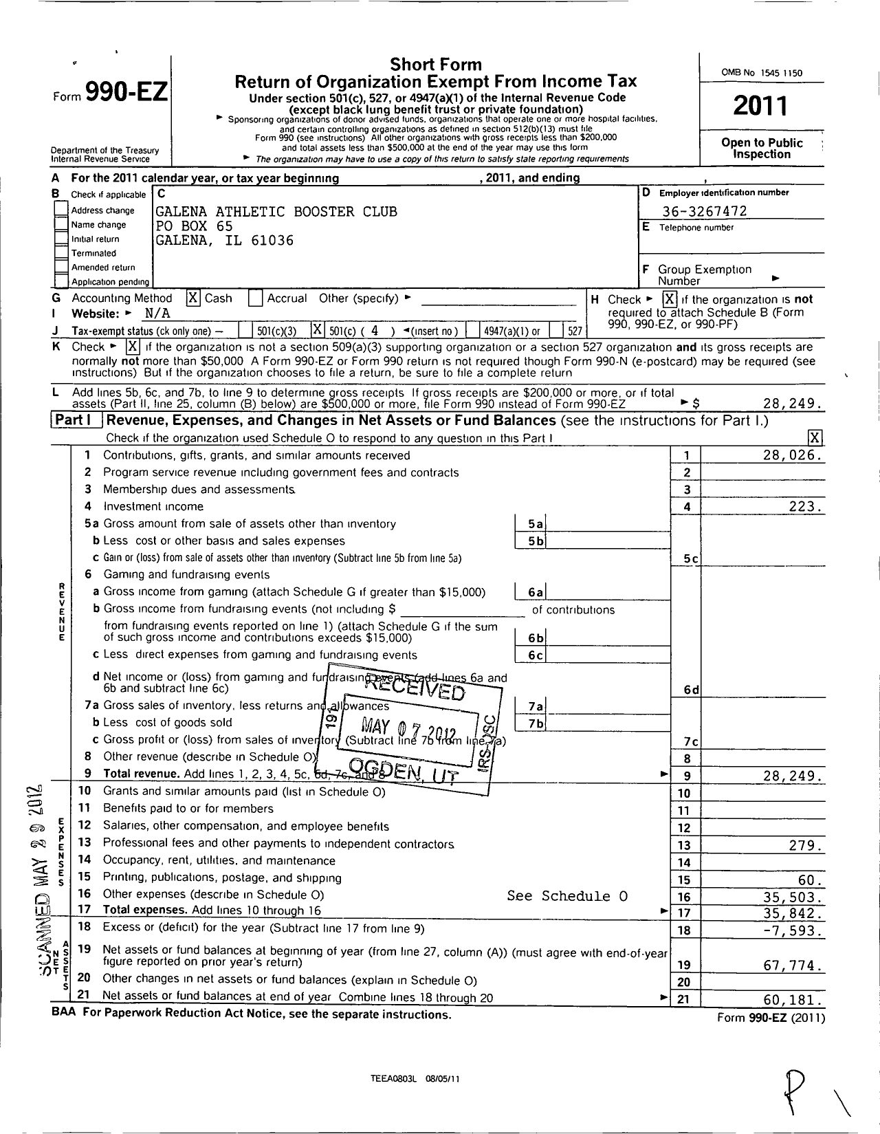 Image of first page of 2011 Form 990EO for Galena Athletic Booster Club