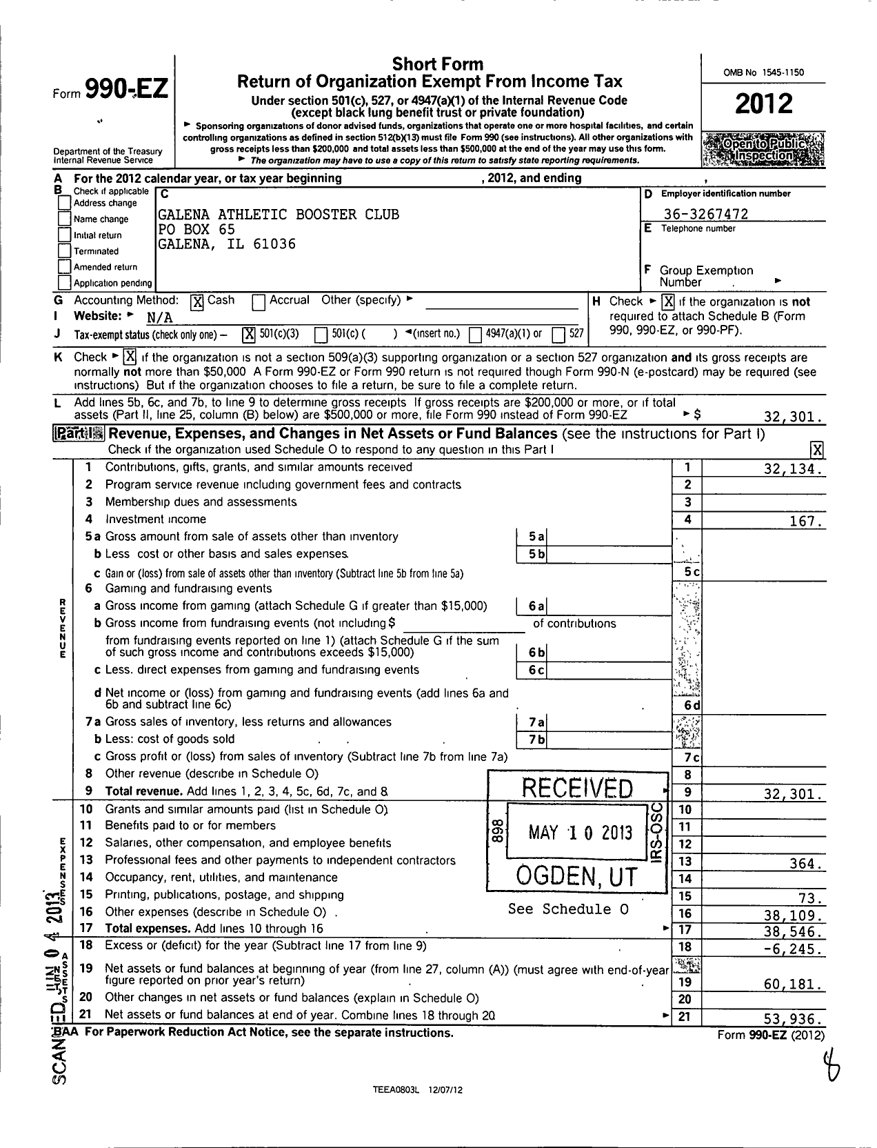 Image of first page of 2012 Form 990EZ for Galena Athletic Booster Club