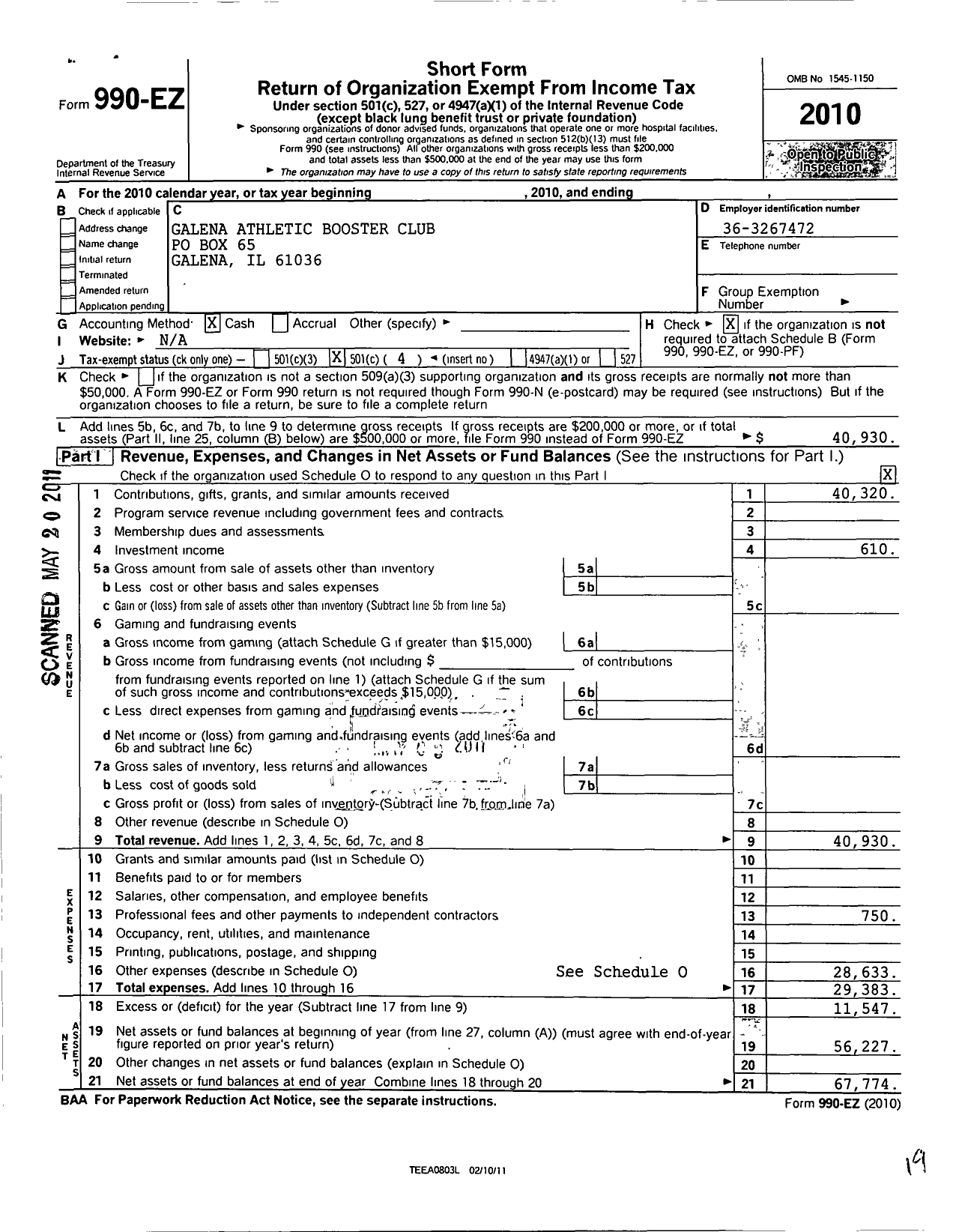 Image of first page of 2010 Form 990EO for Galena Athletic Booster Club